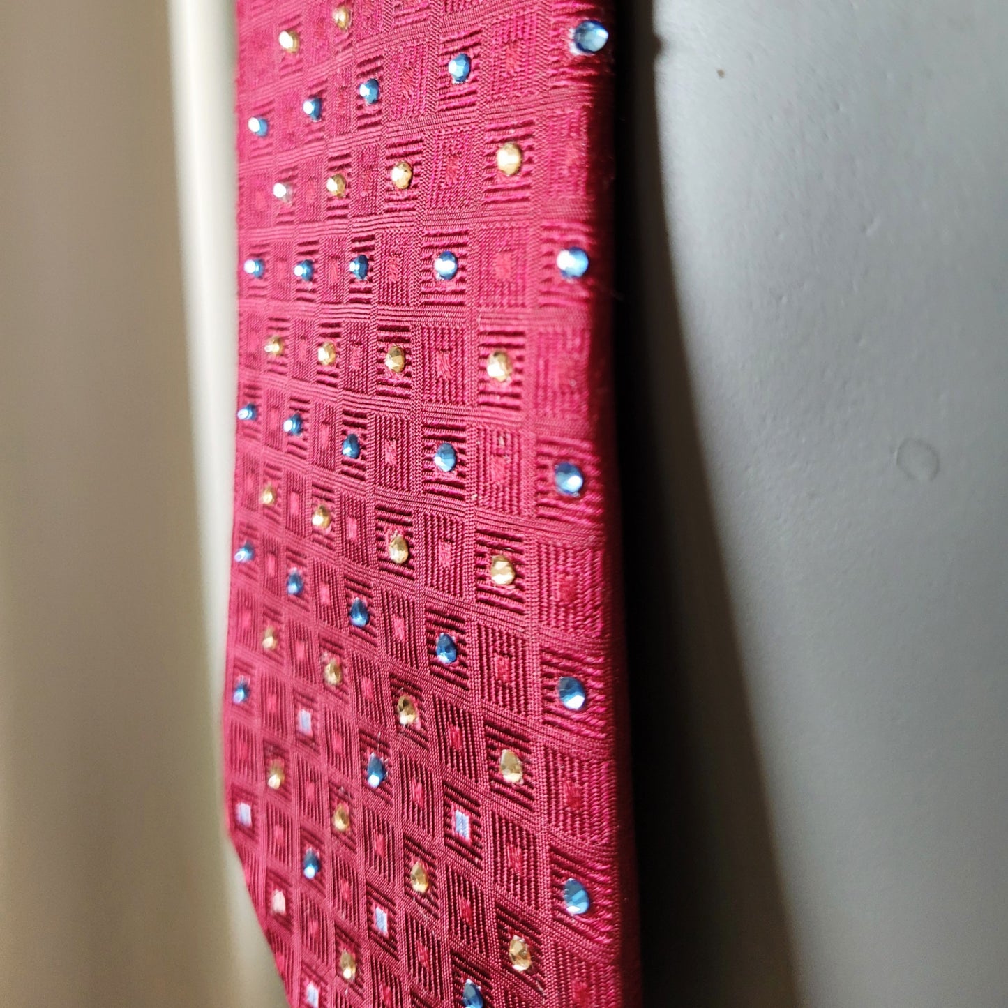 Another Dance collection: Modern Love tie, vintage burgundy | dark red silk necktie with glass crystals in light yellow and blue