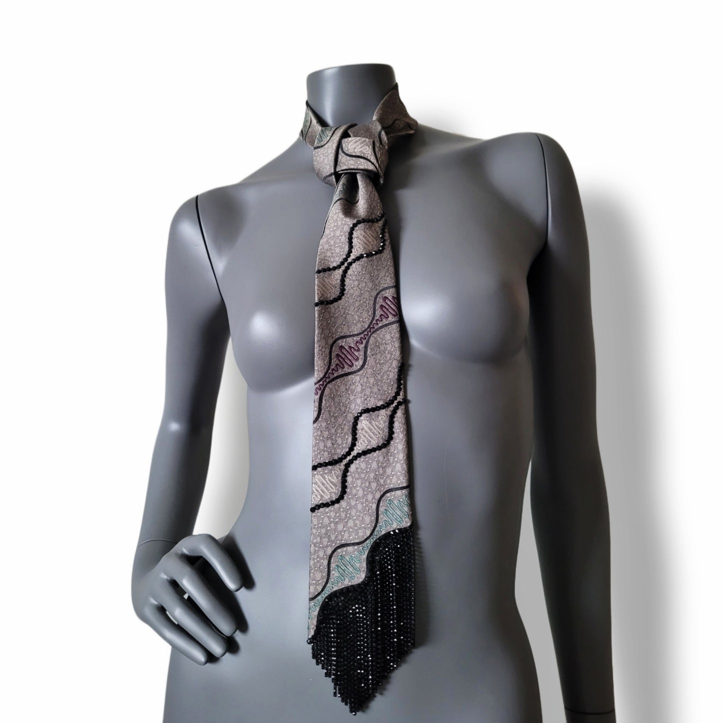 Another Dance collection: Modern Talking tie, vintage beige | gray polyester necktie with crystal fringe and black glass crystals
