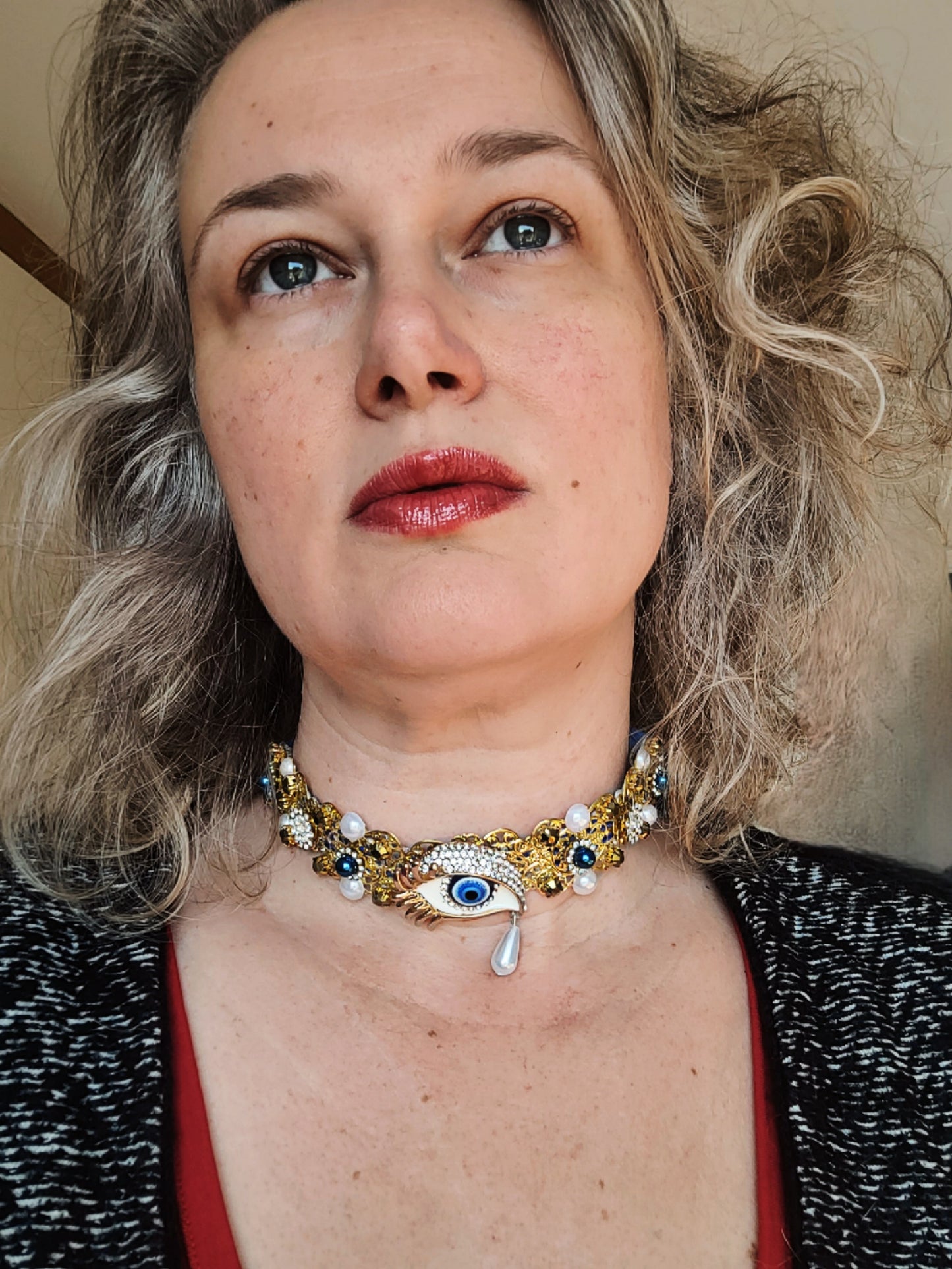 WhatEver collection: The Most Faithful Mirrow metal choker with a crystal encrusted eye with a pearl tear drop, pearls and glass crystals