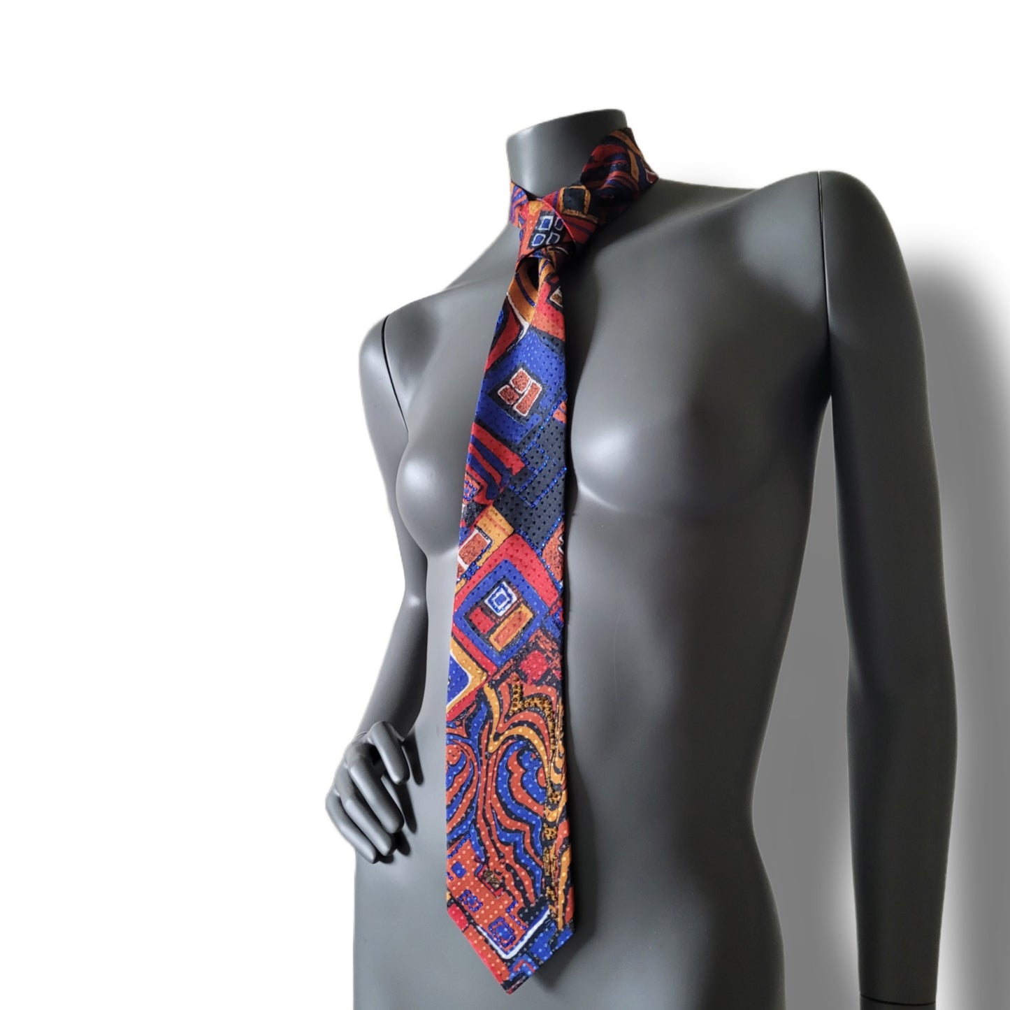 Another Dance collection: Mr. Blue Sky tie, vintage dark blue, bronze and black necktie with geometrical pattern and glass crystals