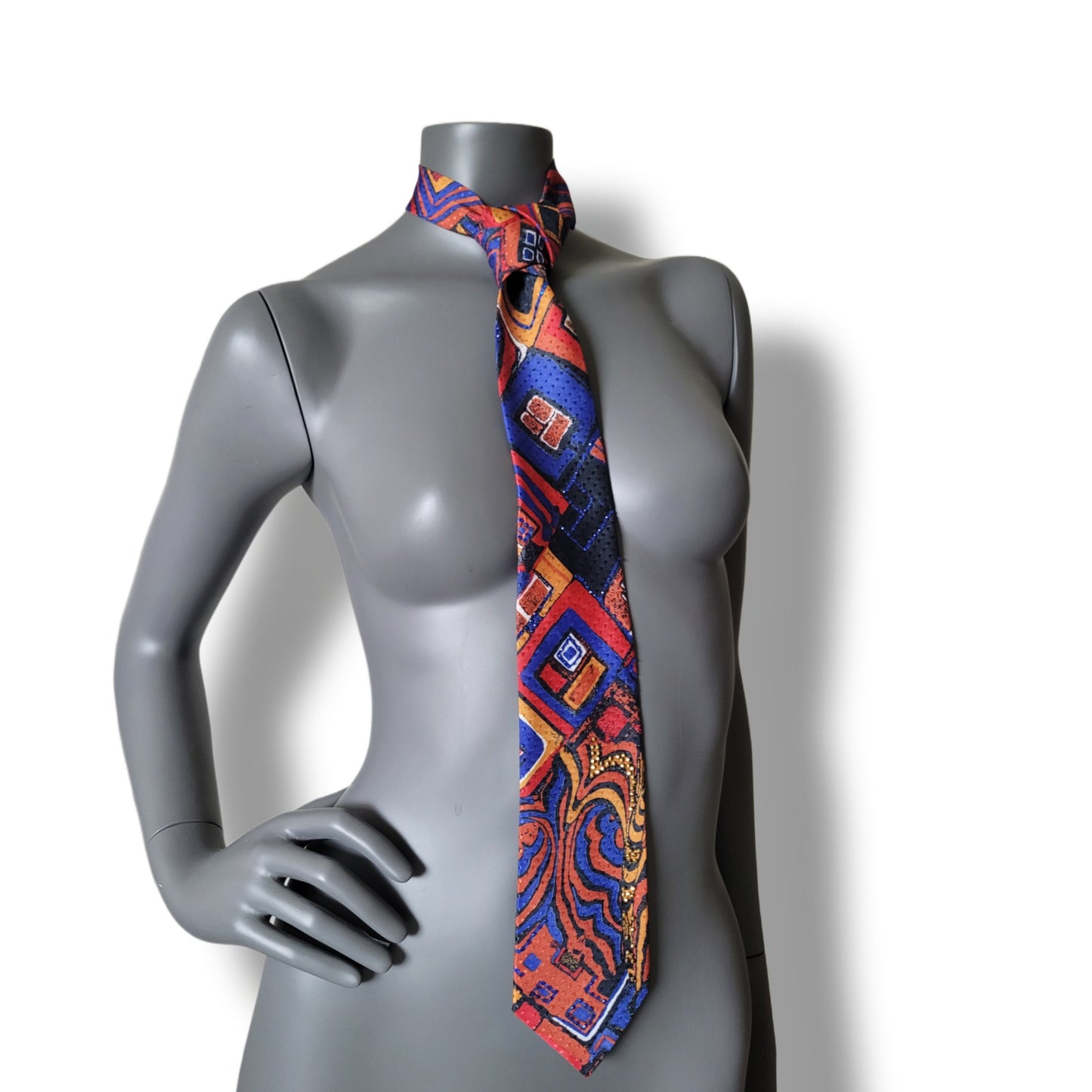 Another Dance collection: Mr. Blue Sky tie, vintage dark blue, bronze and black necktie with geometrical pattern and glass crystals