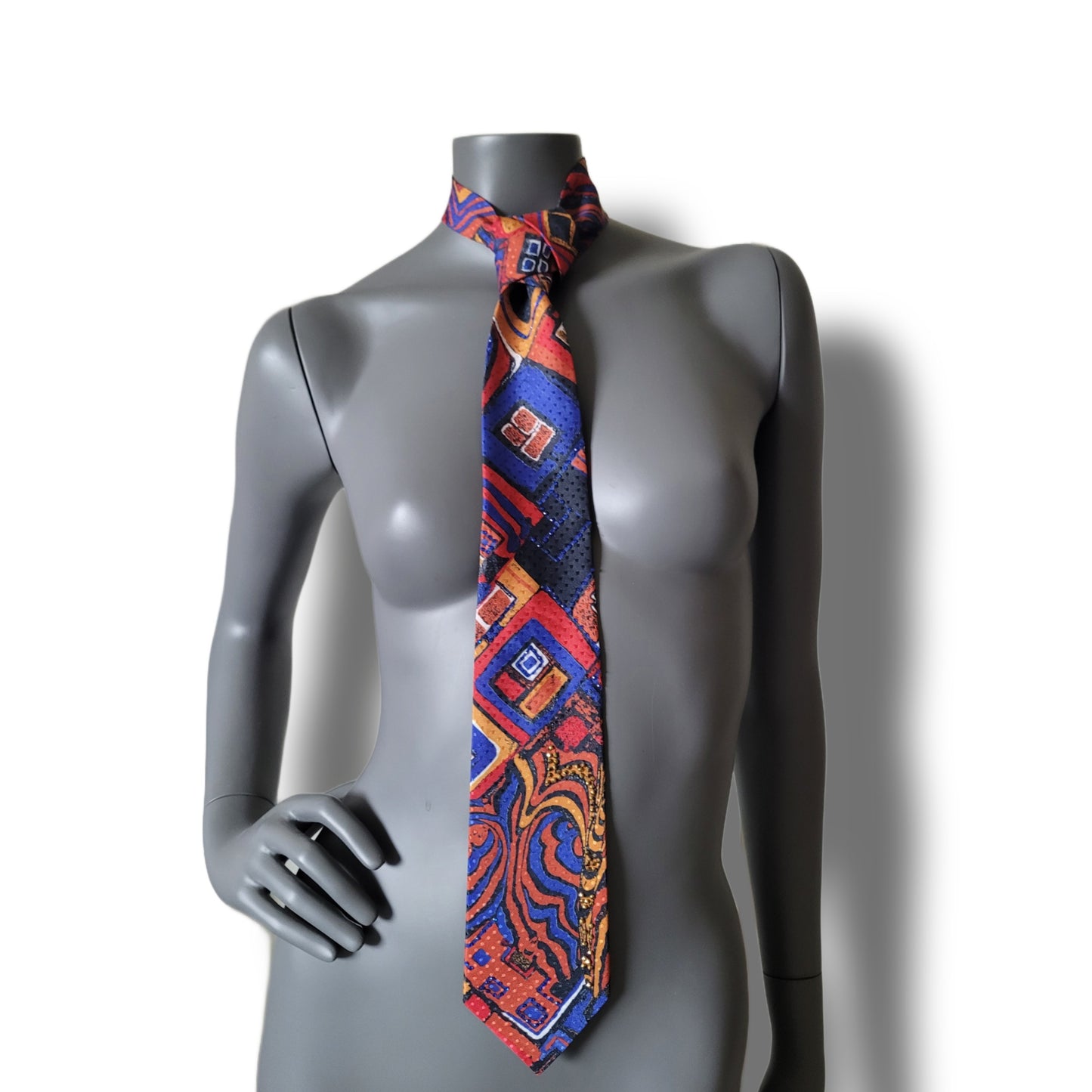 Another Dance collection: Mr. Blue Sky tie, vintage dark blue, bronze and black necktie with geometrical pattern and glass crystals