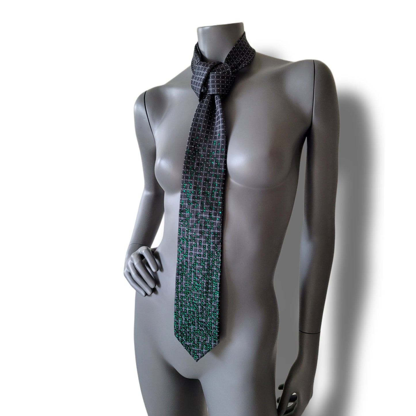 Depth of the Rabbit Hole collection: No Escaping Reason tie, necktie with green glass crystals in Matrix inspired pattern