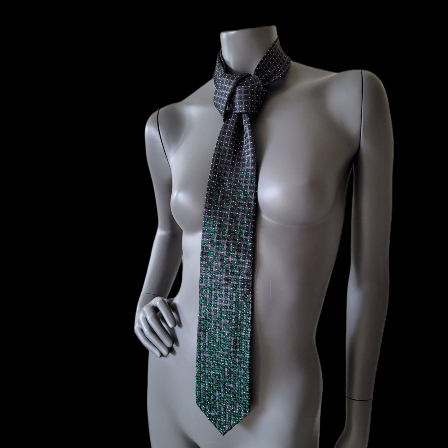 Depth of the Rabbit Hole collection: No Escaping Reason tie, necktie with green glass crystals in Matrix inspired pattern