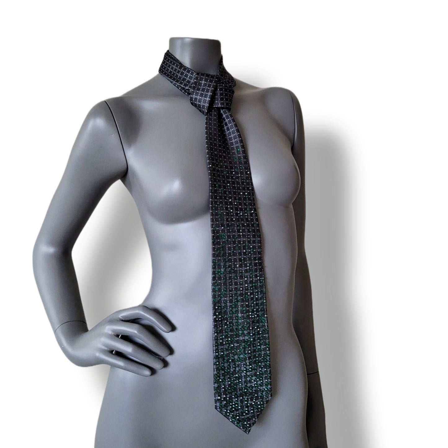 Depth of the Rabbit Hole collection: No Escaping Reason tie, necktie with green glass crystals in Matrix inspired pattern