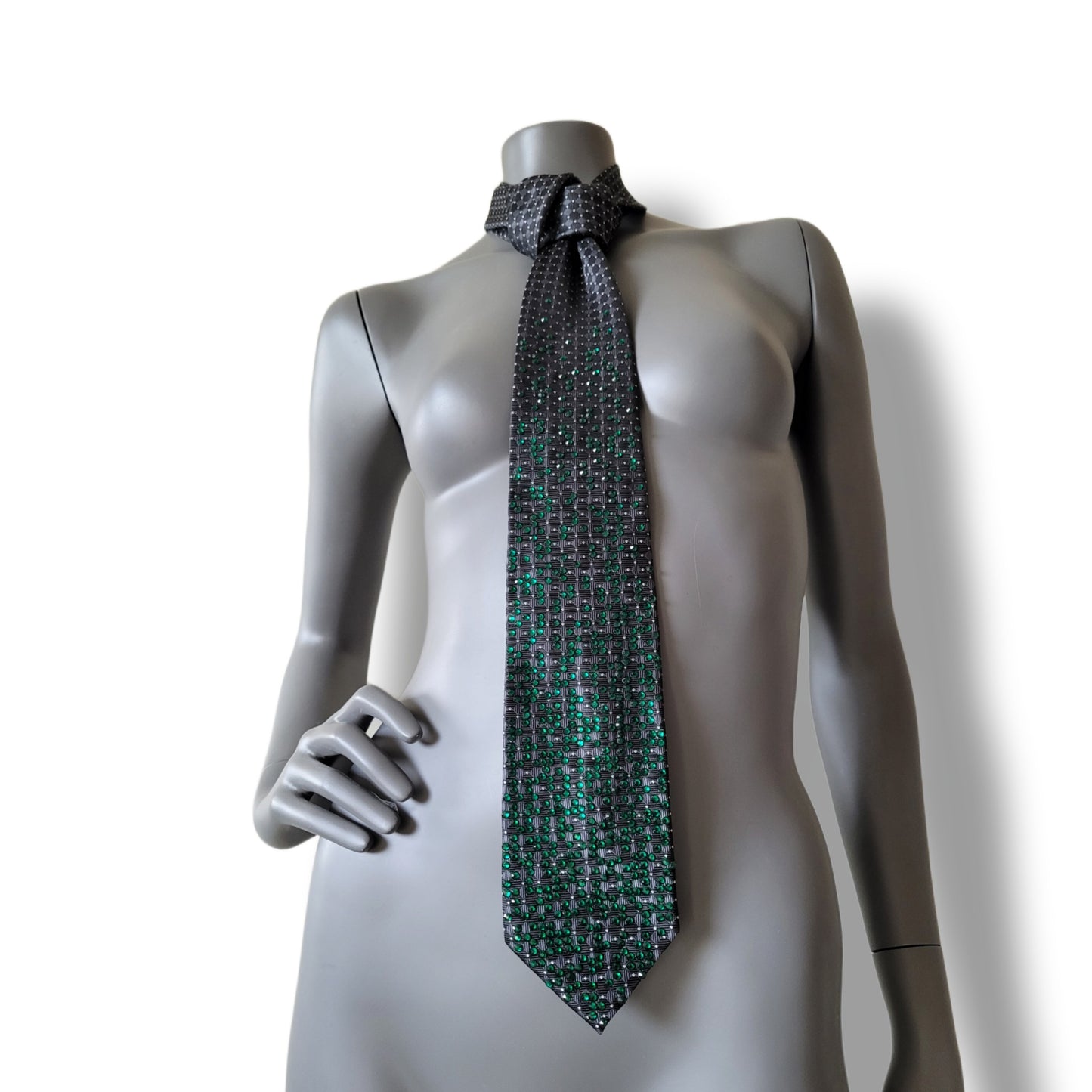 Depth of the Rabbit Hole collection: No Escaping Reason tie, necktie with green glass crystals in Matrix inspired pattern