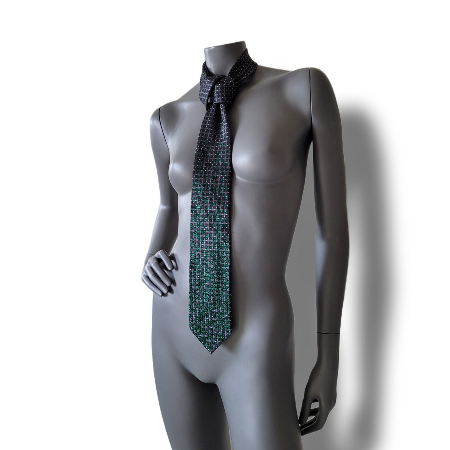 Depth of the Rabbit Hole collection: No Escaping Reason tie, necktie with green glass crystals in Matrix inspired pattern