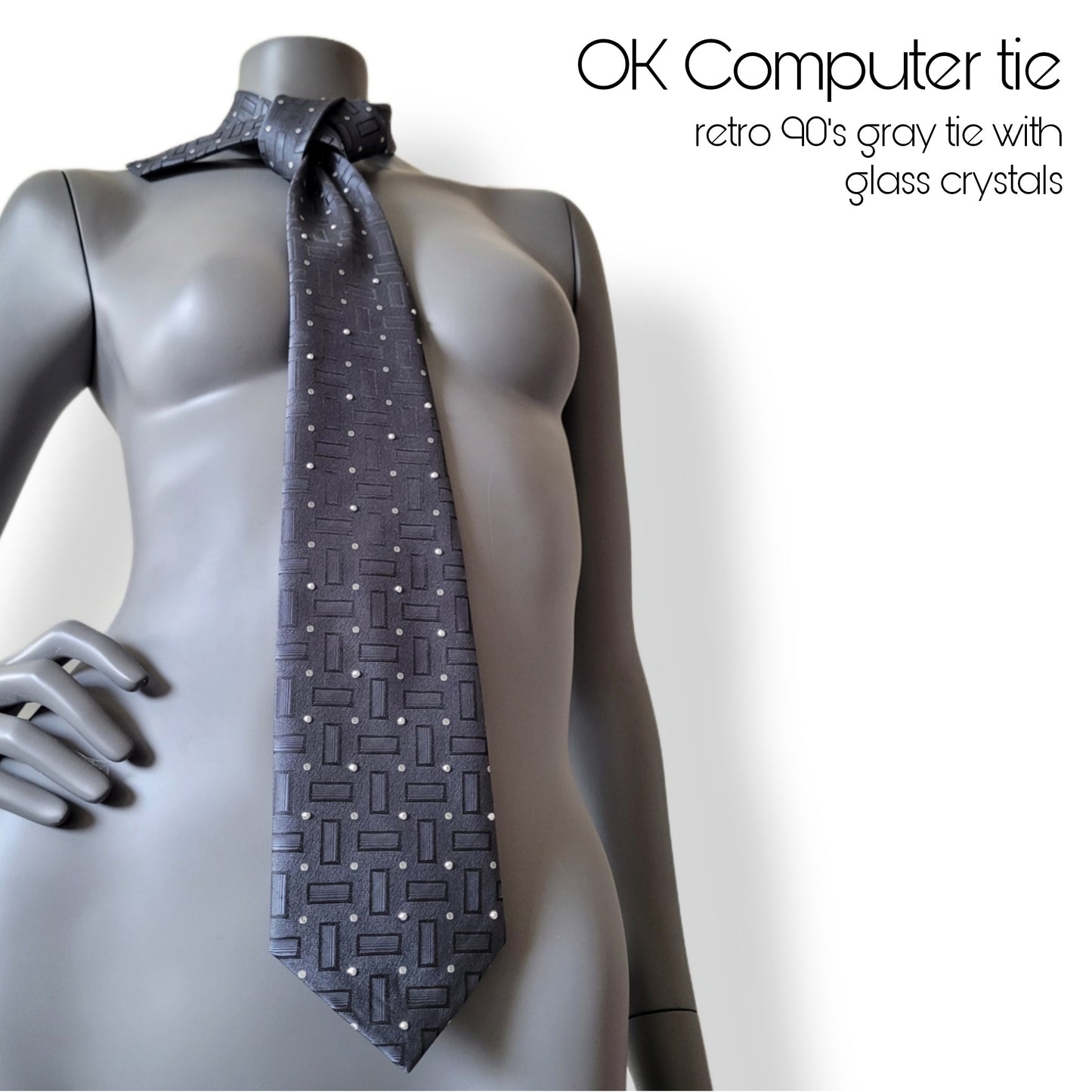 Another Dance collection: OK Computer tie, retro gray polyester necktie with ge pattern adorned with silver rhinestones