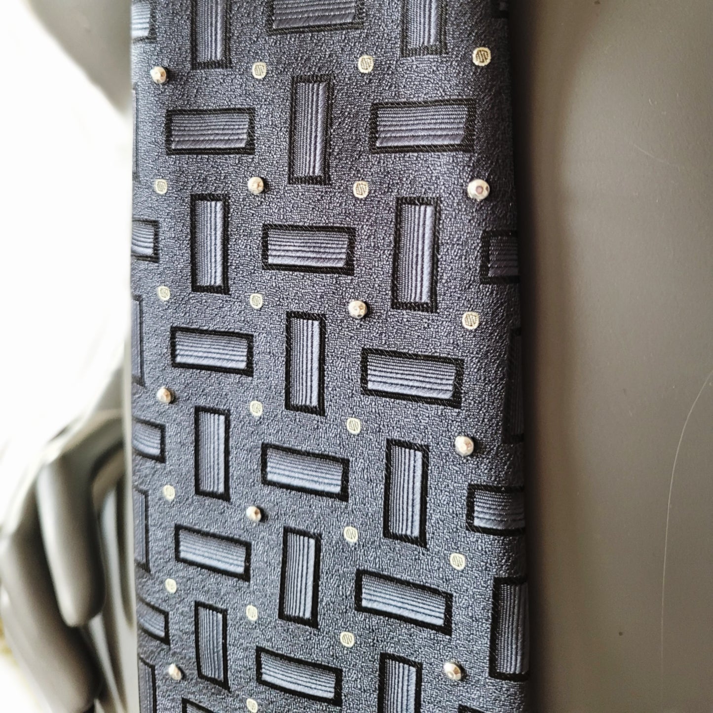 Another Dance collection: OK Computer tie, retro gray polyester necktie with ge pattern adorned with silver rhinestones