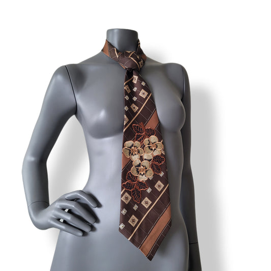Another Dance collection: Only Days In Between tie, original 70's retro brown polyester necktie with flower applique and mine gold glass crystals