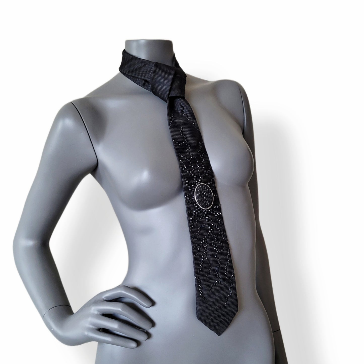 Origin collection: The Origin I tie, black silk necktie with black glass crystals