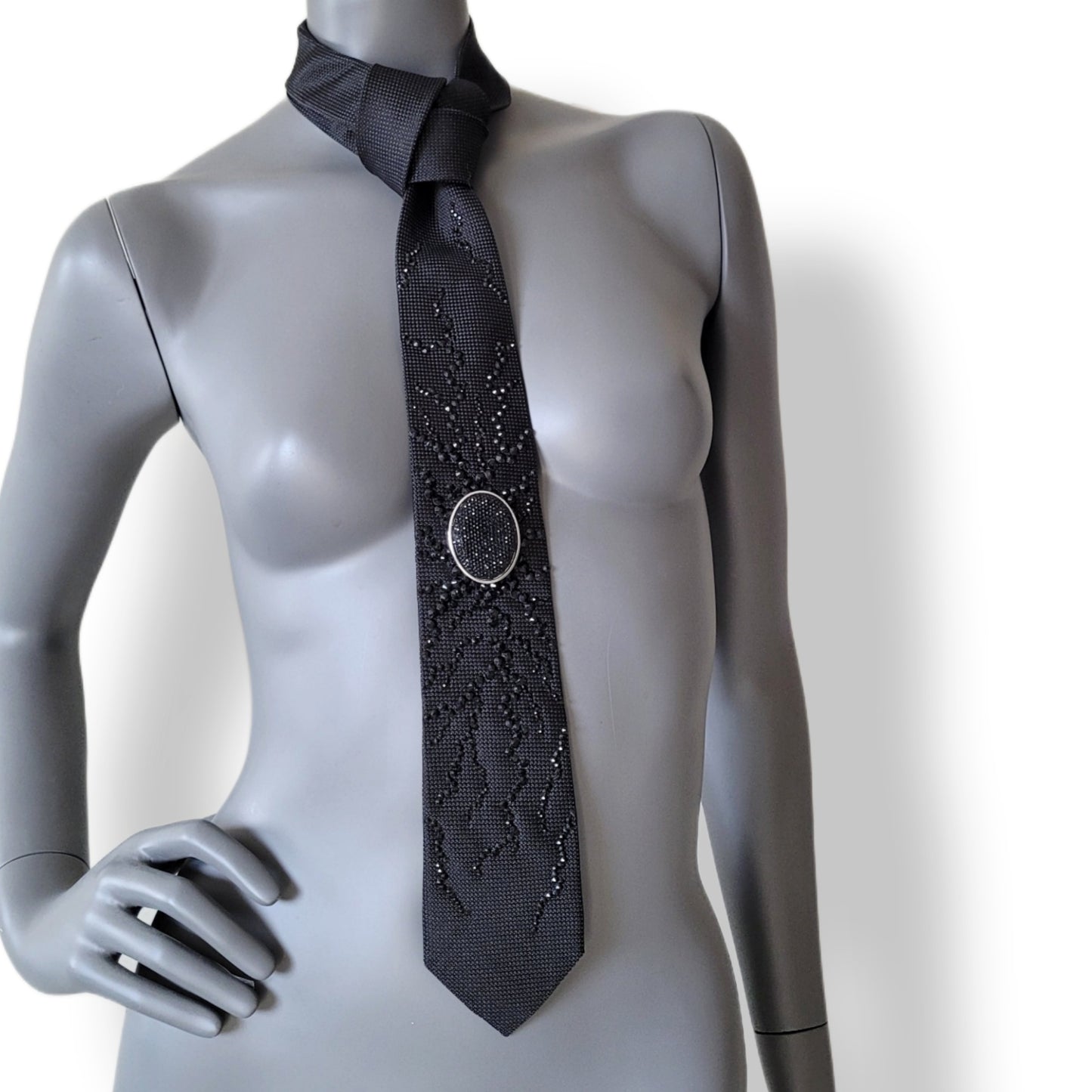 Origin collection: The Origin I tie, black silk necktie with black glass crystals