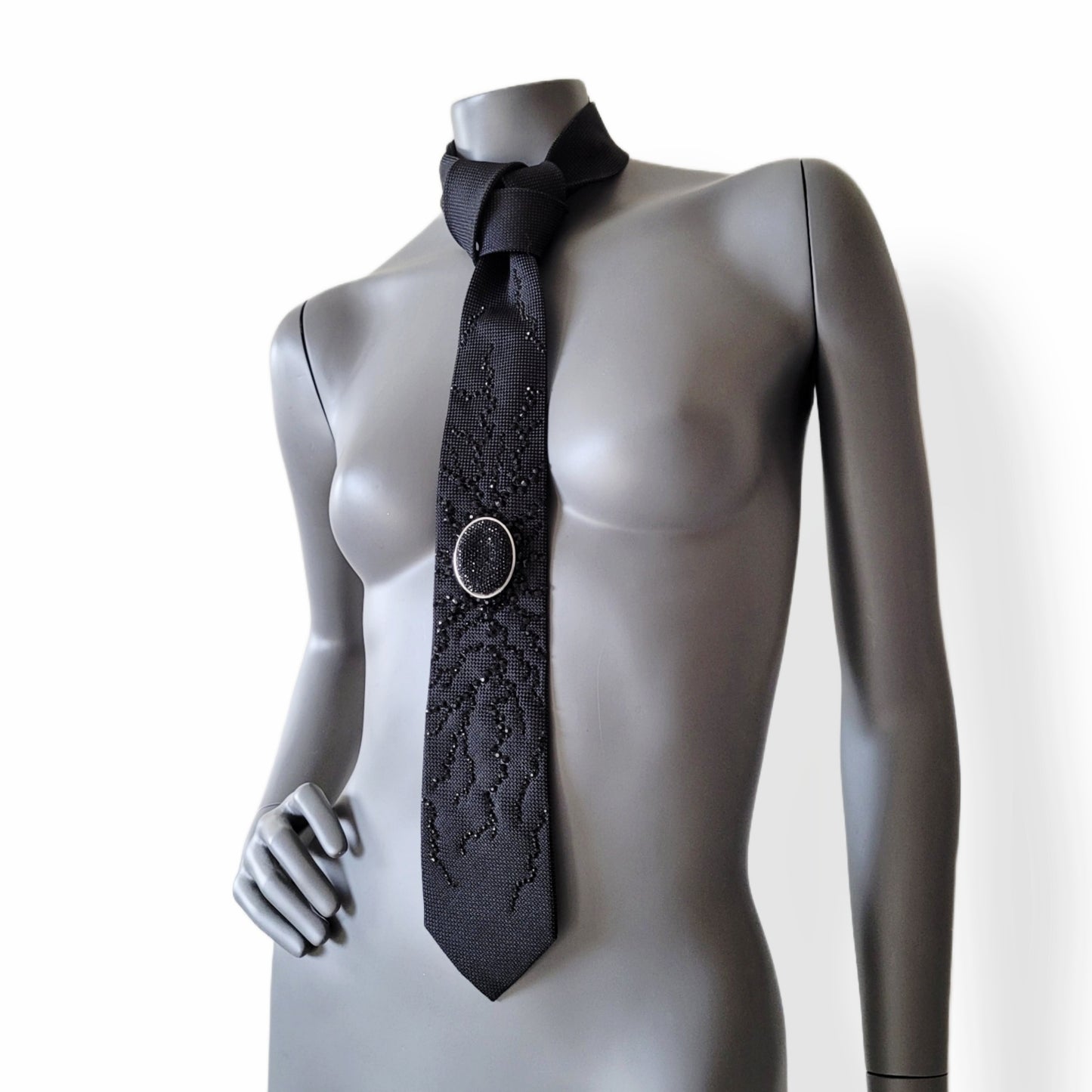 Origin collection: The Origin I tie, black silk necktie with black glass crystals