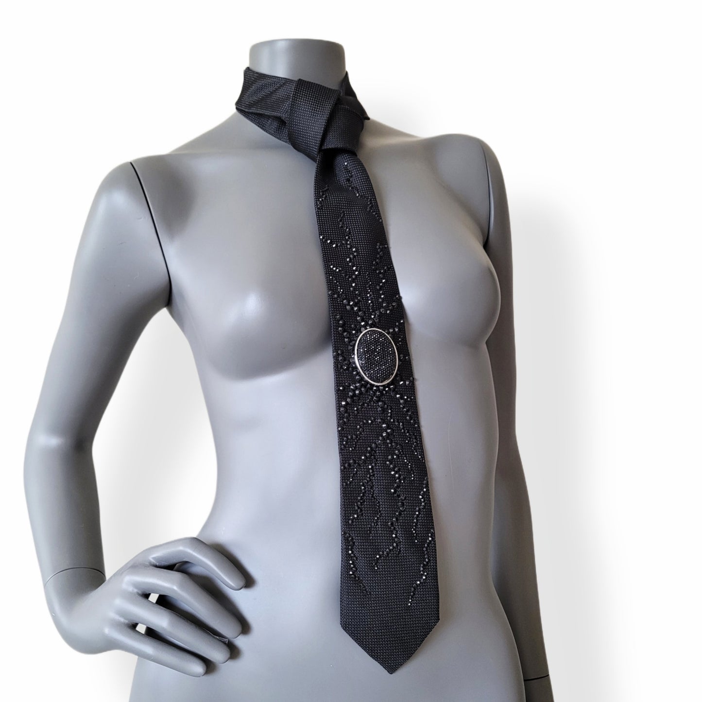 Origin collection: The Origin I tie, black silk necktie with black glass crystals