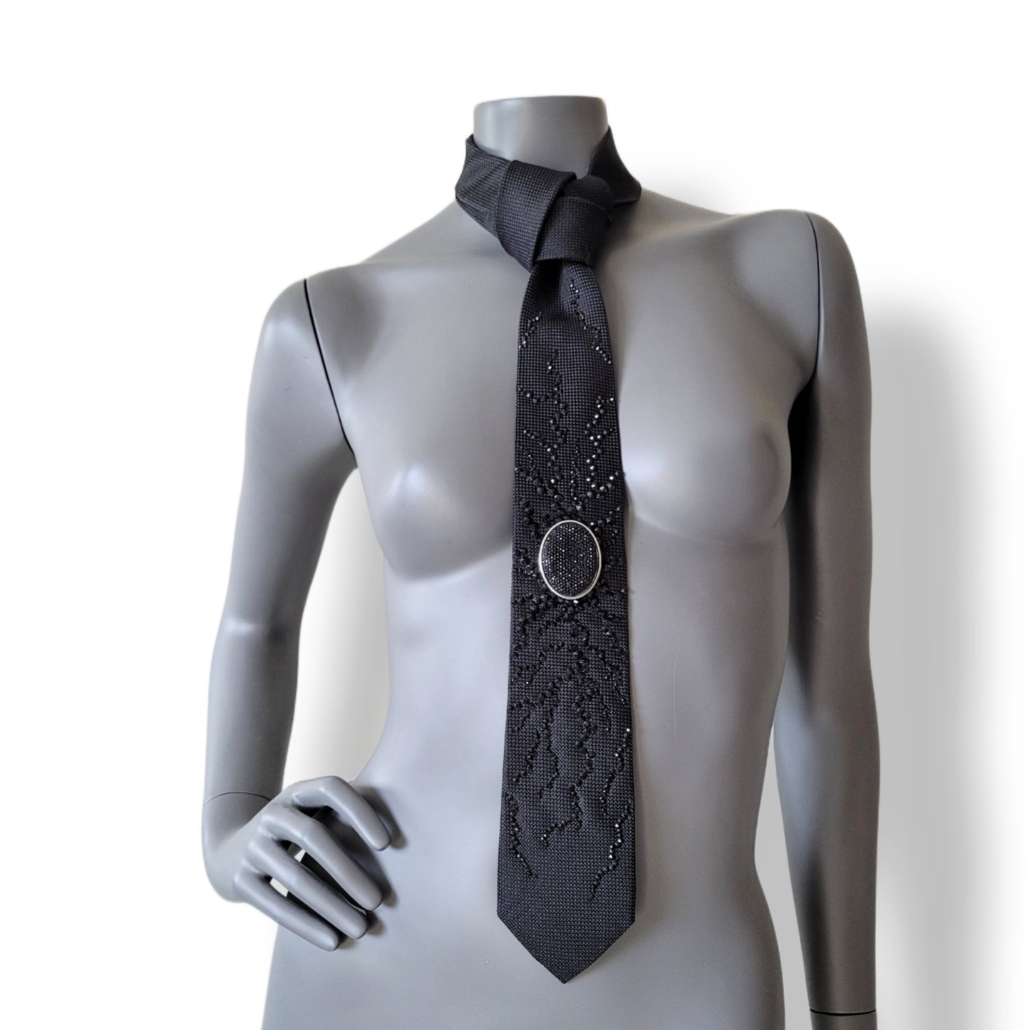 Origin collection: The Origin I tie, black silk necktie with black glass crystals