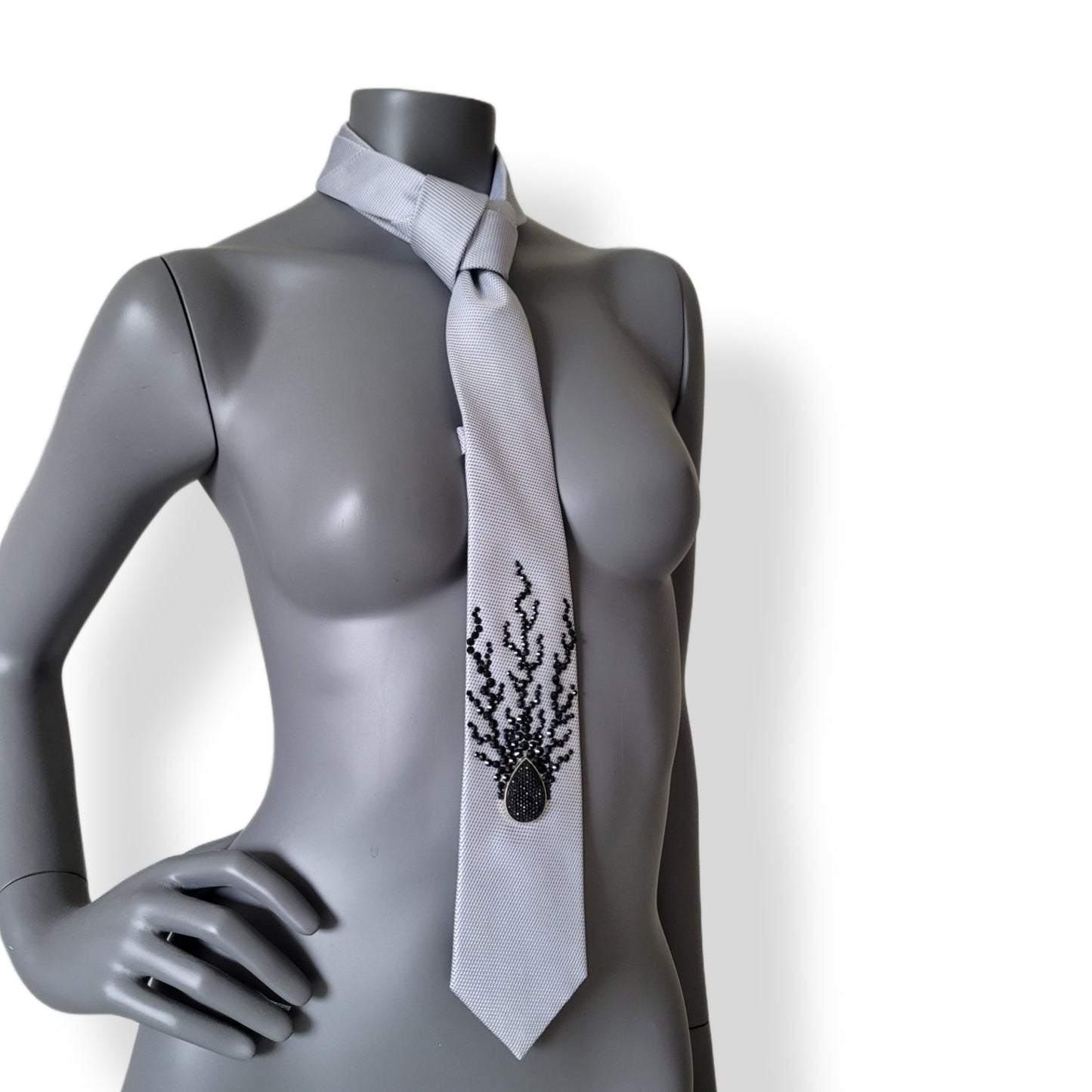 Origin collection: The Origin VII tie, vintage slim gray necktie with black glass crystals