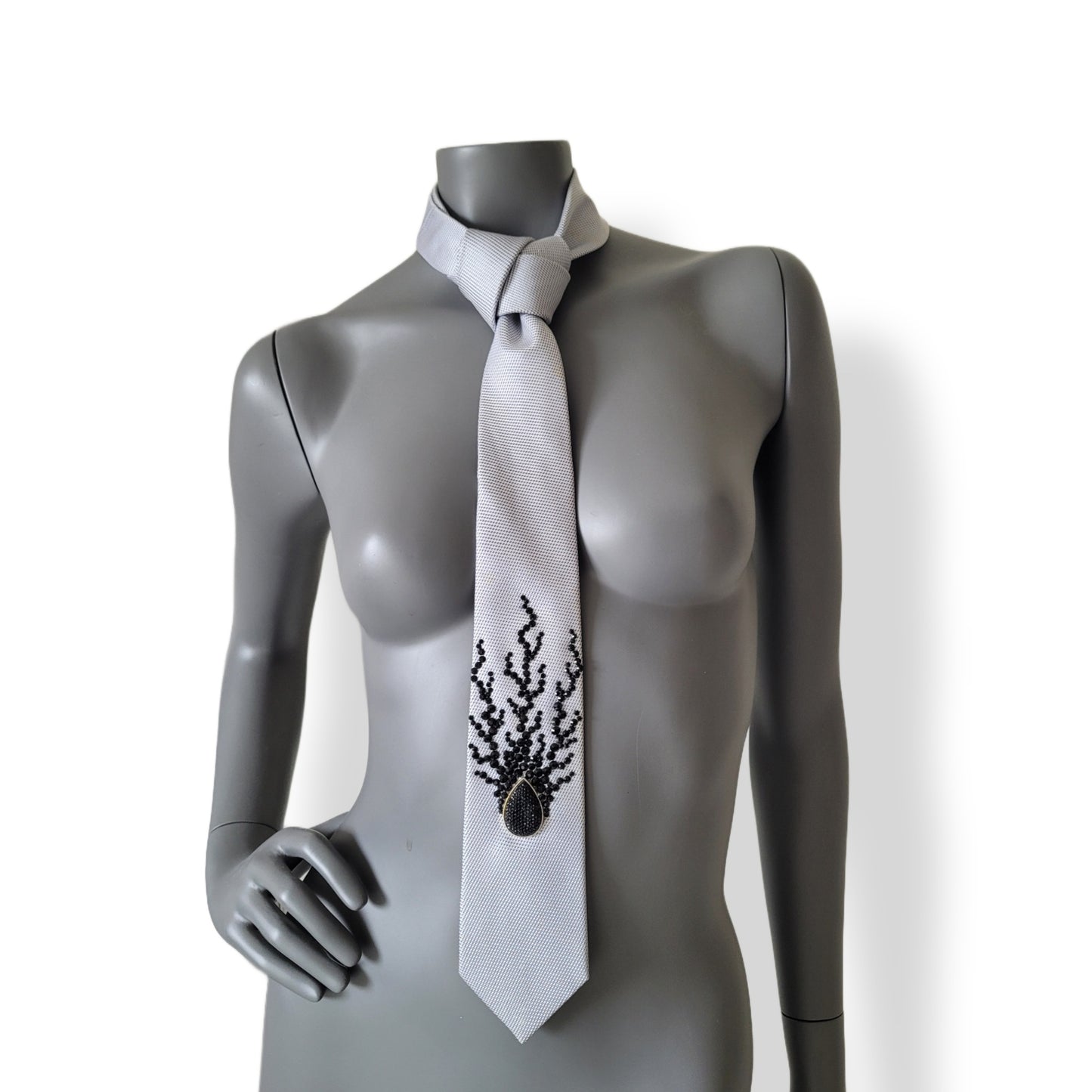 Origin collection: The Origin VII tie, vintage slim gray necktie with black glass crystals