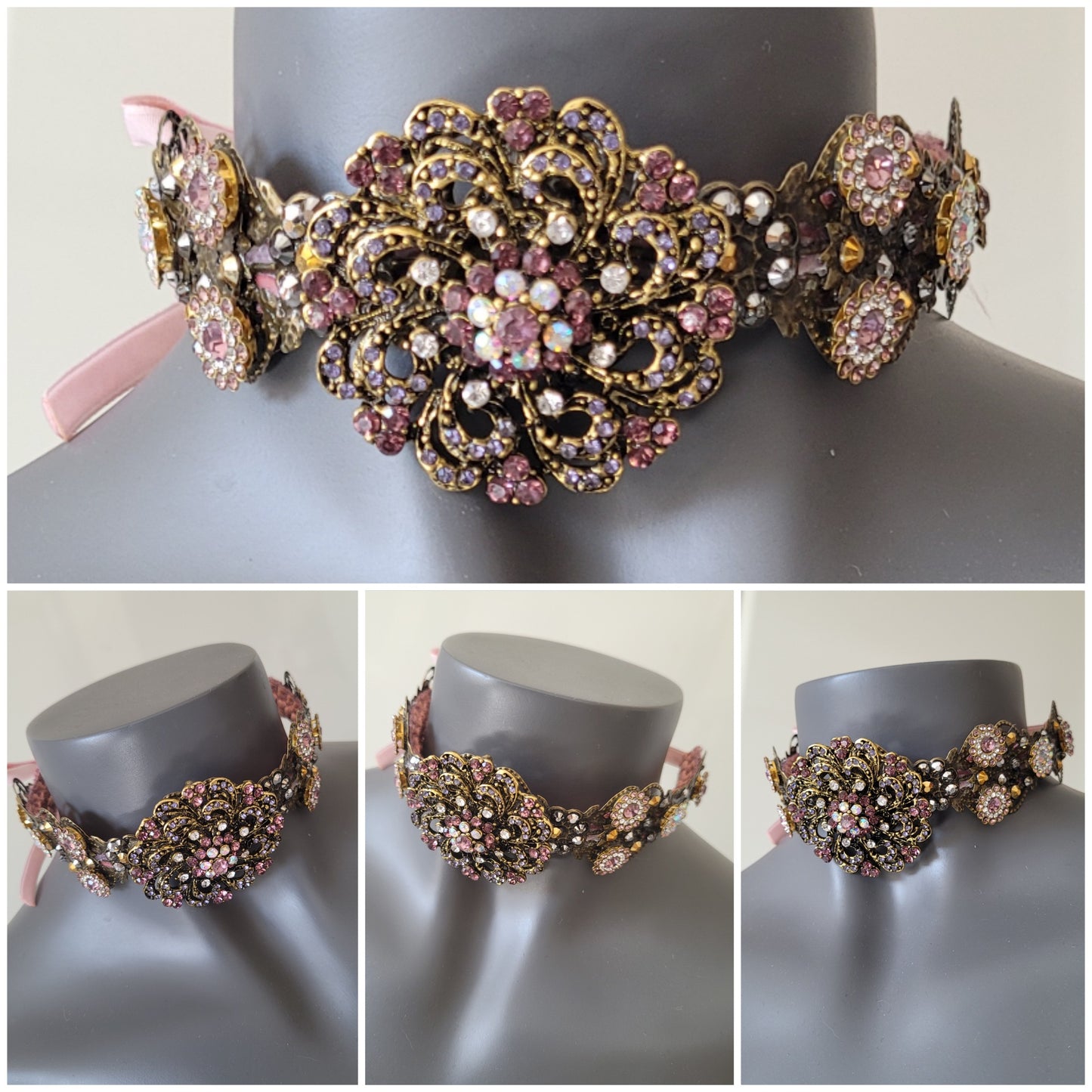 WhatEver collection: The Ouste, Madame Etiquette! metal choker in a Marie Antoinette inspired vibe with ornate pastel flowers, glass crystals, and rhinestones