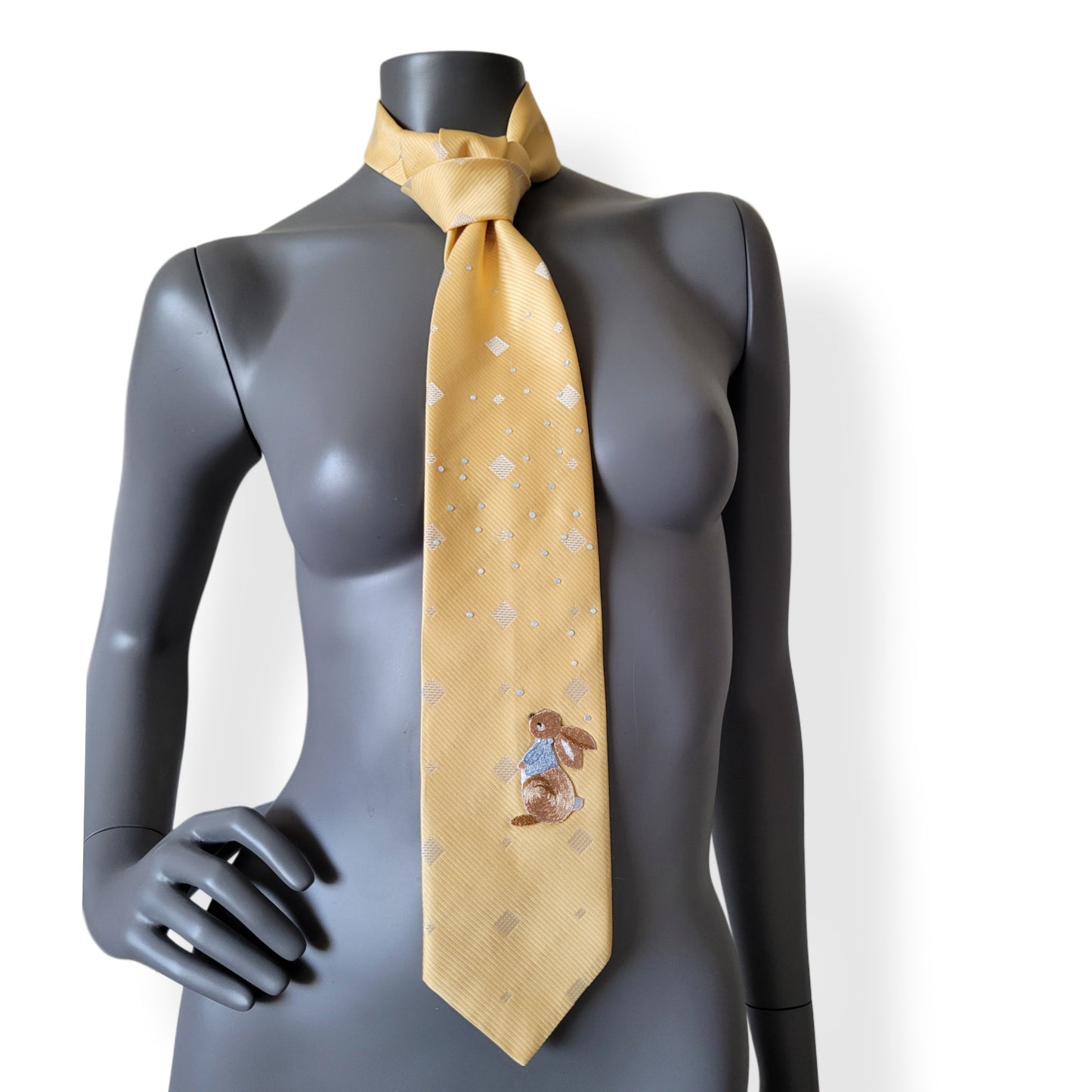 Pastel Bunnies collection, Easter 2025 edition: Pastel Bunny 2 tie, vintage yellow necktie with shimmering glass crystals and a bunny applique