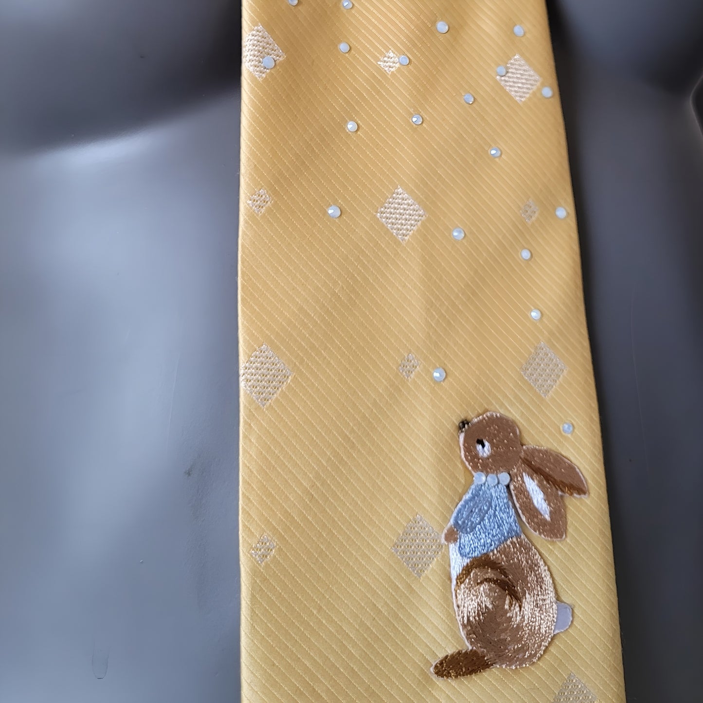 Pastel Bunnies collection, Easter 2025 edition: Pastel Bunny 2 tie, vintage yellow necktie with shimmering glass crystals and a bunny applique
