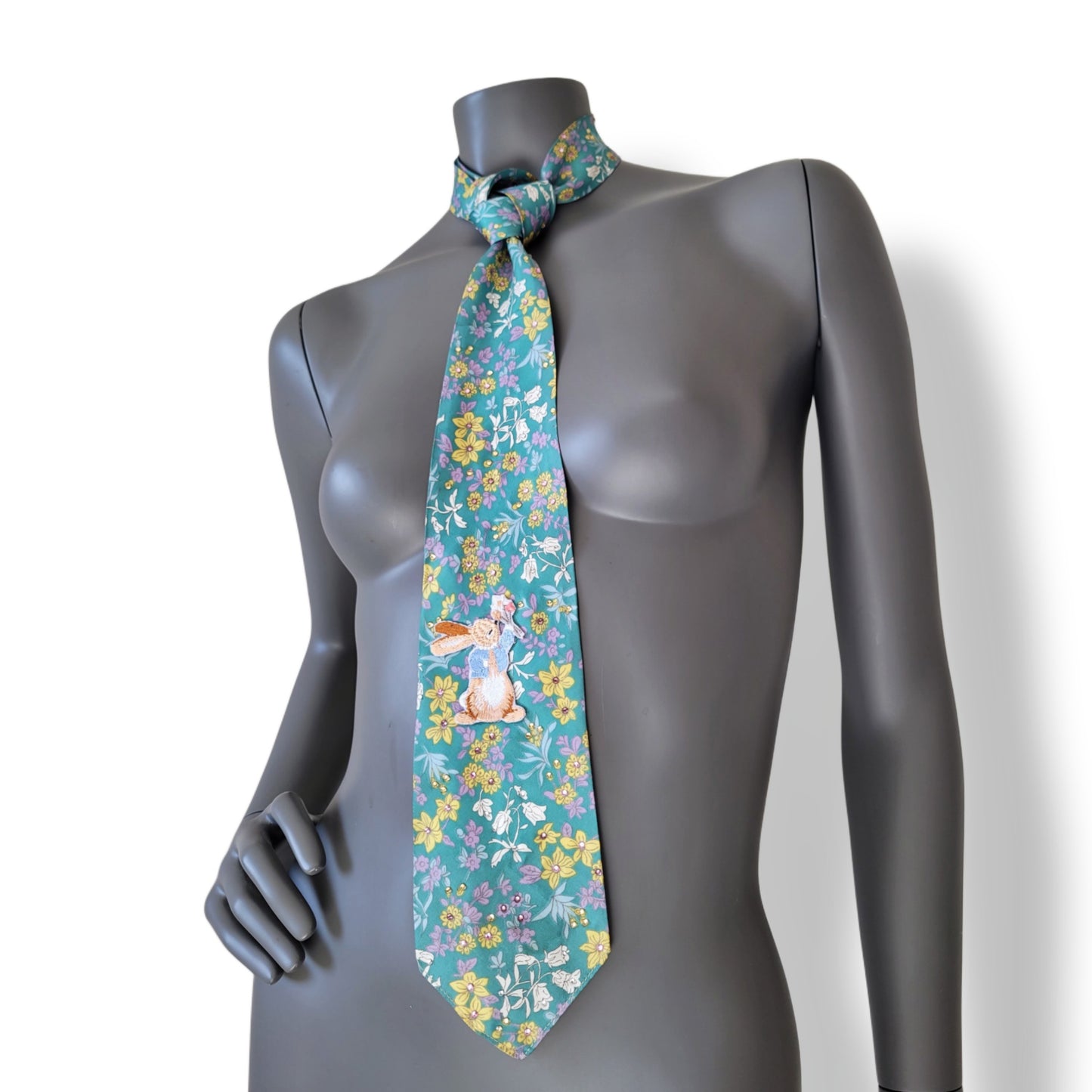Pastel Bunnies collection, Easter 2025 edition: Pastel Bunny tie, vintage green necktie with flower pattern and shimmering glass crystals and a bunny applique