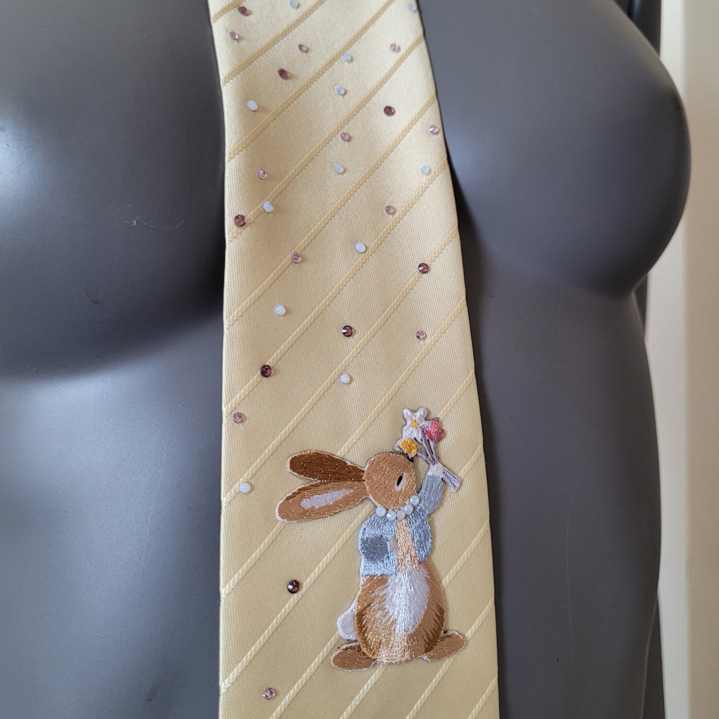 Pastel Bunnies collection, Easter 2025 edition: Pastel Bunny 4 tie, vintage yellow necktie with shimmering glass crystals and a bunny applique