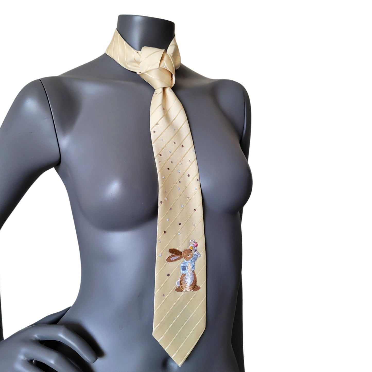 Pastel Bunnies collection, Easter 2025 edition: Pastel Bunny 4 tie, vintage yellow necktie with shimmering glass crystals and a bunny applique