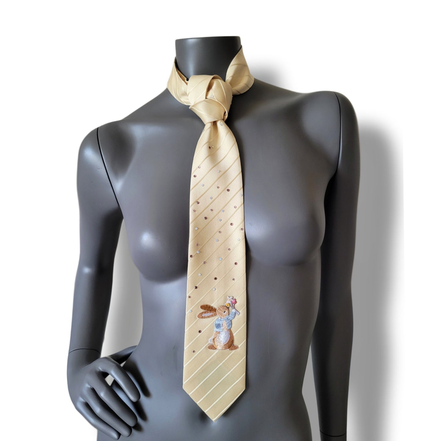 Pastel Bunnies collection, Easter 2025 edition: Pastel Bunny 4 tie, vintage yellow necktie with shimmering glass crystals and a bunny applique
