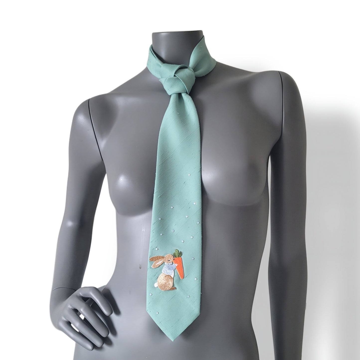 Pastel Bunnies collection, Easter 2025 edition: Pastel Bunny 5 tie, vintage mint green necktie with shimmering glass crystals and a bunny applique