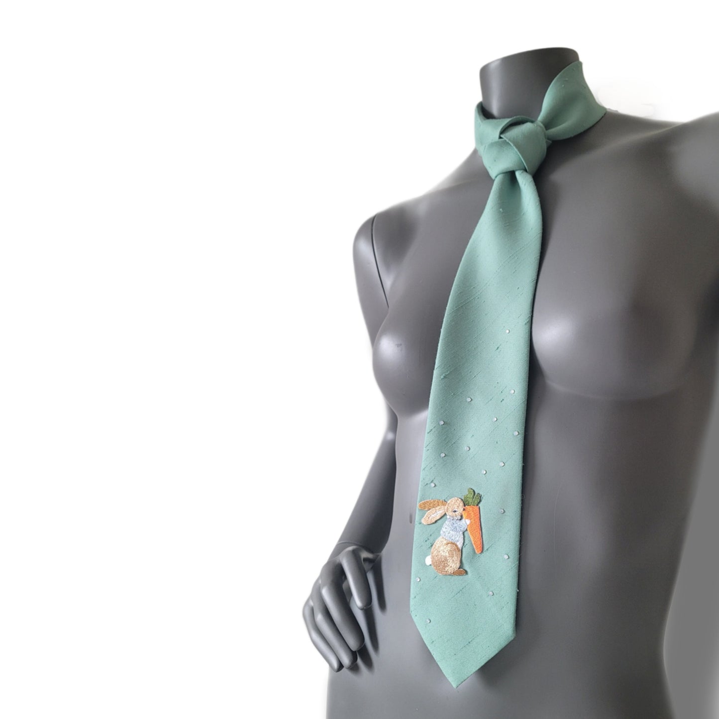 Pastel Bunnies collection, Easter 2025 edition: Pastel Bunny 5 tie, vintage mint green necktie with shimmering glass crystals and a bunny applique