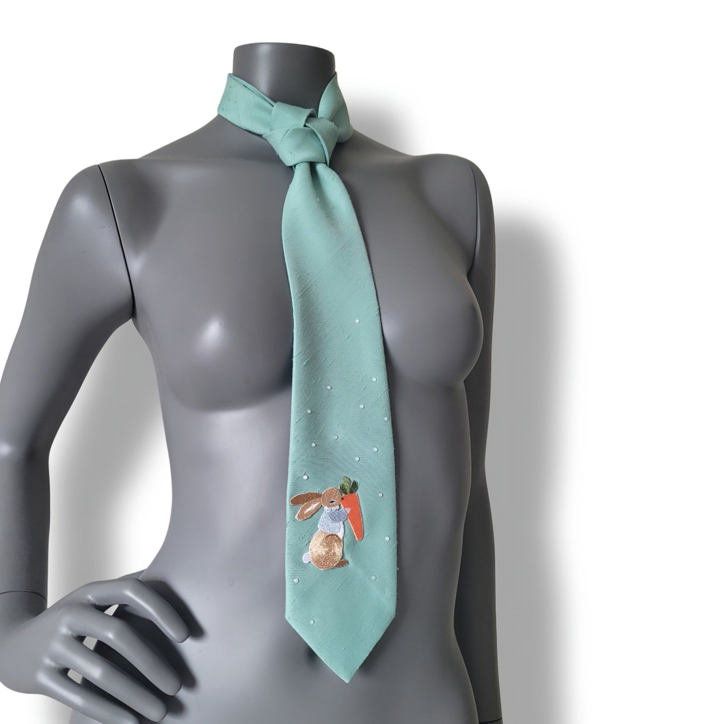 Pastel Bunnies collection, Easter 2025 edition: Pastel Bunny 5 tie, vintage mint green necktie with shimmering glass crystals and a bunny applique