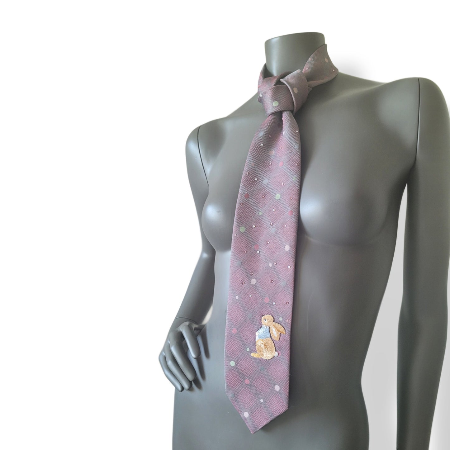 Pastel Bunnies collection, Easter 2025 edition: Pastel Bunny 6 tie, vintage necktie shifting in gray and pink with shimmering glass crystals and a bunny applique