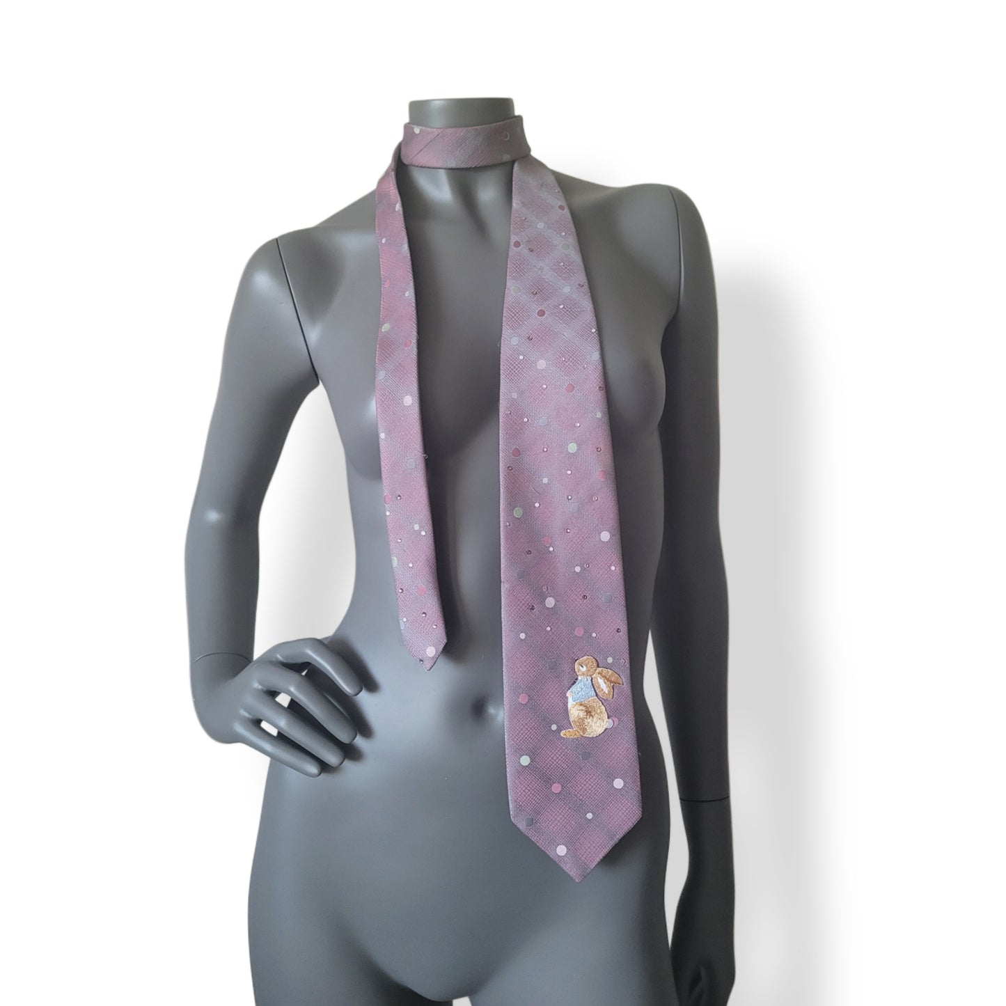 Pastel Bunnies collection, Easter 2025 edition: Pastel Bunny 6 tie, vintage necktie shifting in gray and pink with shimmering glass crystals and a bunny applique