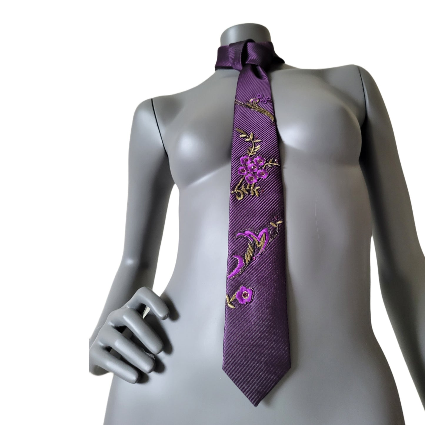 Another Dance collection: Pickled Plums tie, dark purple or plum necktie with embroidered blossom appliques and purple glass crystals