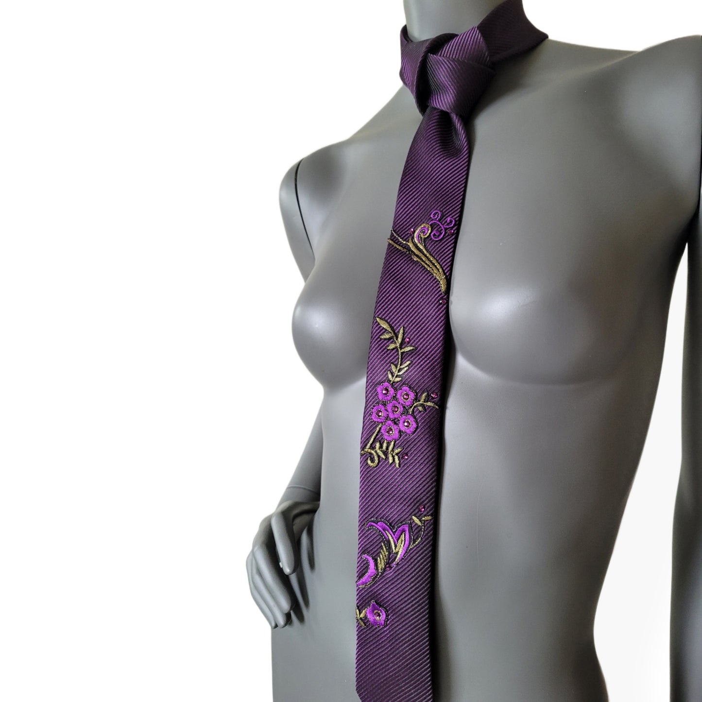 Another Dance collection: Pickled Plums tie, dark purple or plum necktie with embroidered blossom appliques and purple glass crystals