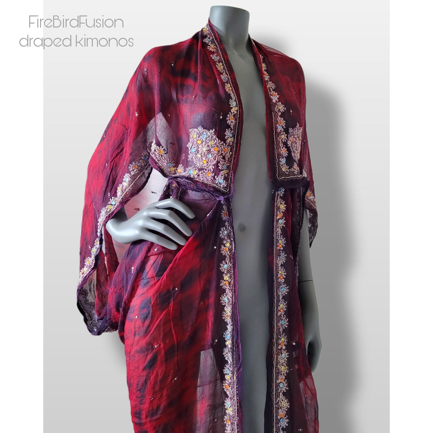 Luxurious draped kimono in pure silk, hand dyed batik in red and black with stunning zardozi embroidery in silver (L)