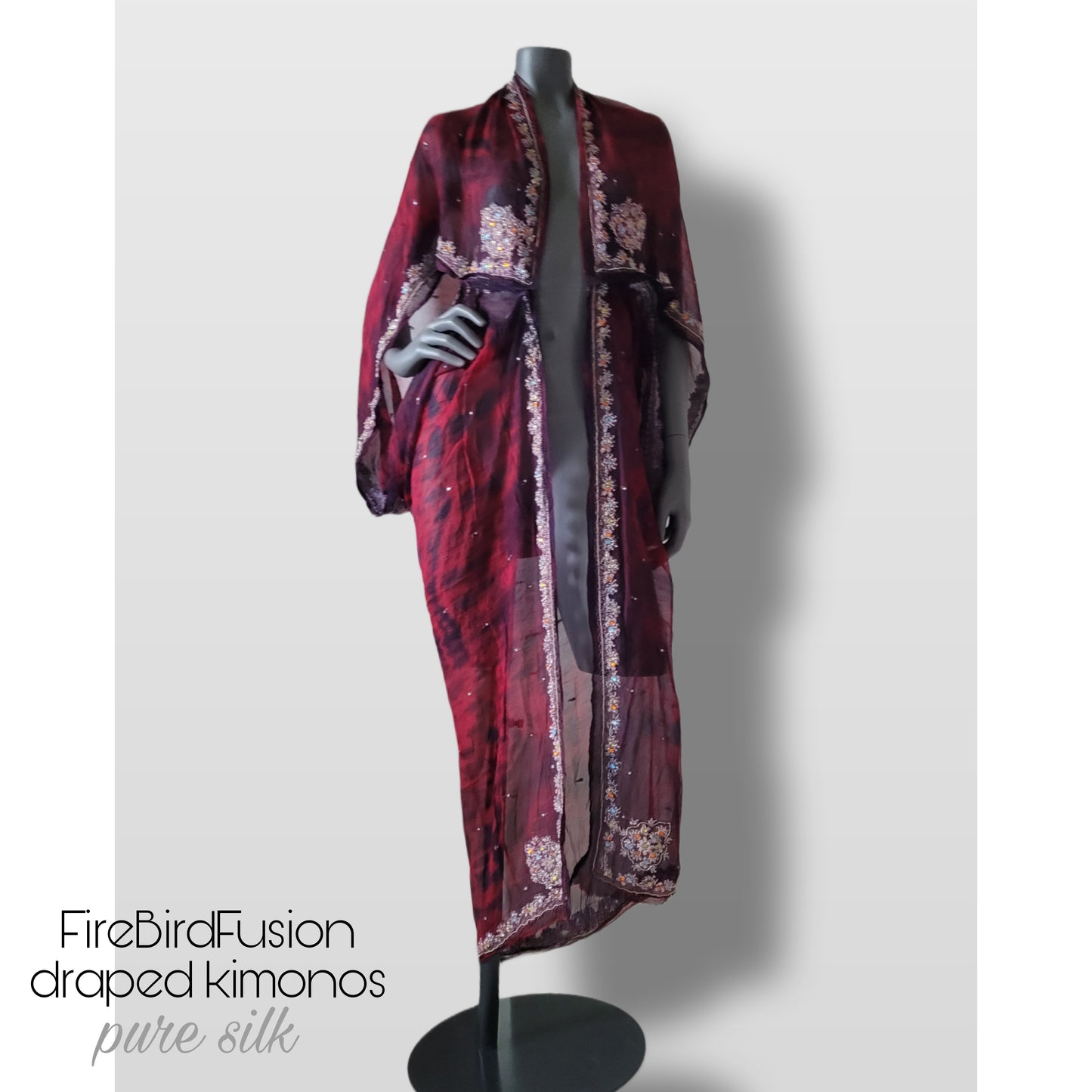 Luxurious draped kimono in pure silk, hand dyed batik in red and black with stunning zardozi embroidery in silver (L)