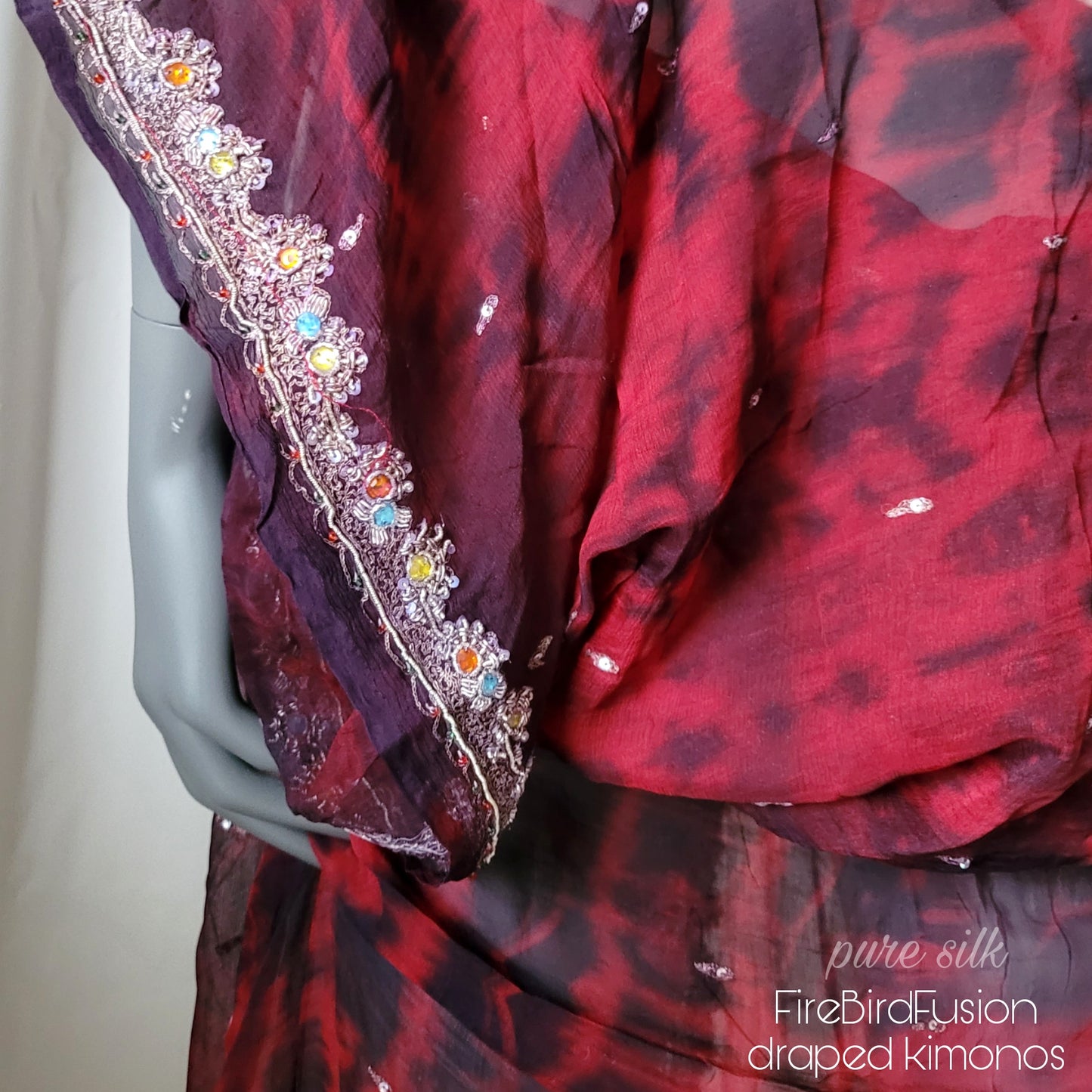 Luxurious draped kimono in pure silk, hand dyed batik in red and black with stunning zardozi embroidery in silver (L)