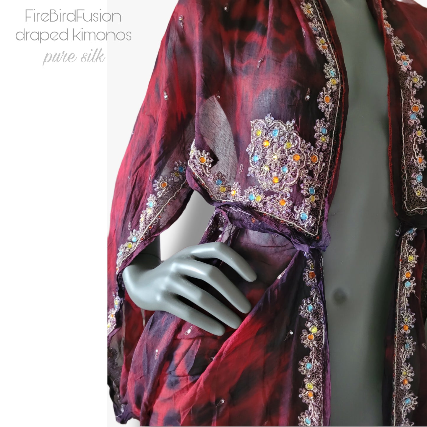 Luxurious draped kimono in pure silk, hand dyed batik in red and black with stunning zardozi embroidery in silver (L)