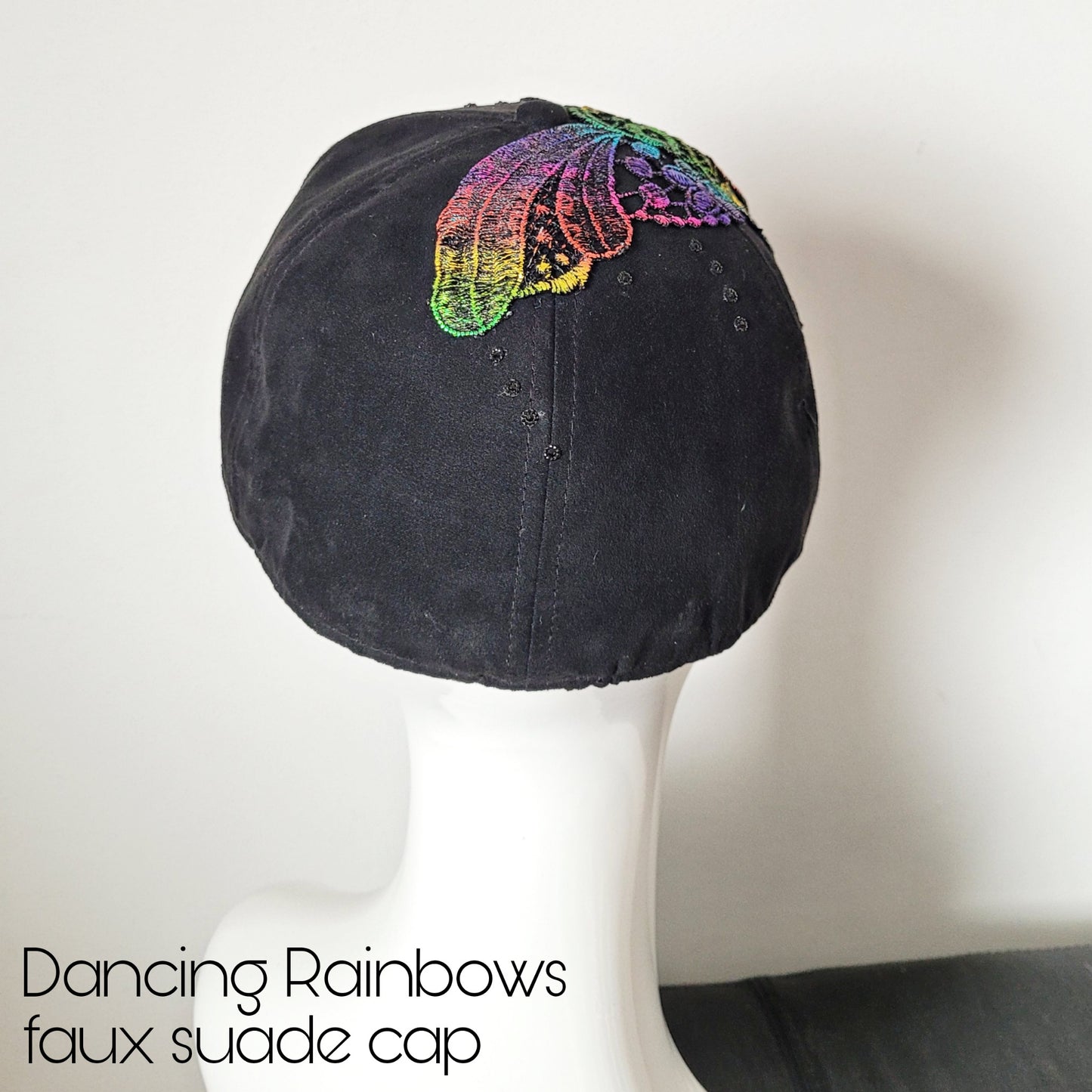Viveka Gren Revamp, PRIDE edition: Dancing Rainbows faux suade cap (Large/size 58)