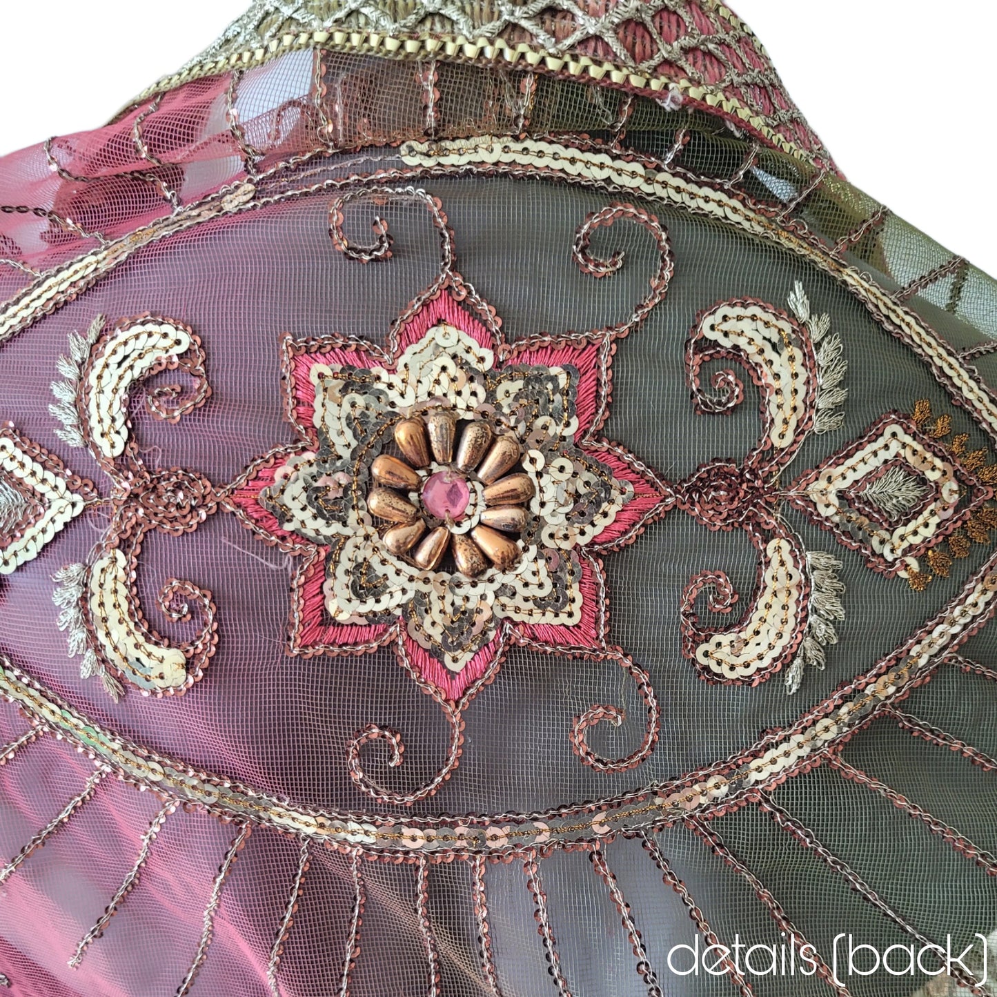 Draped short kimono in slightly stiffer net fabric, warm pink & light moss green with beautiful hand embrodery (L)
