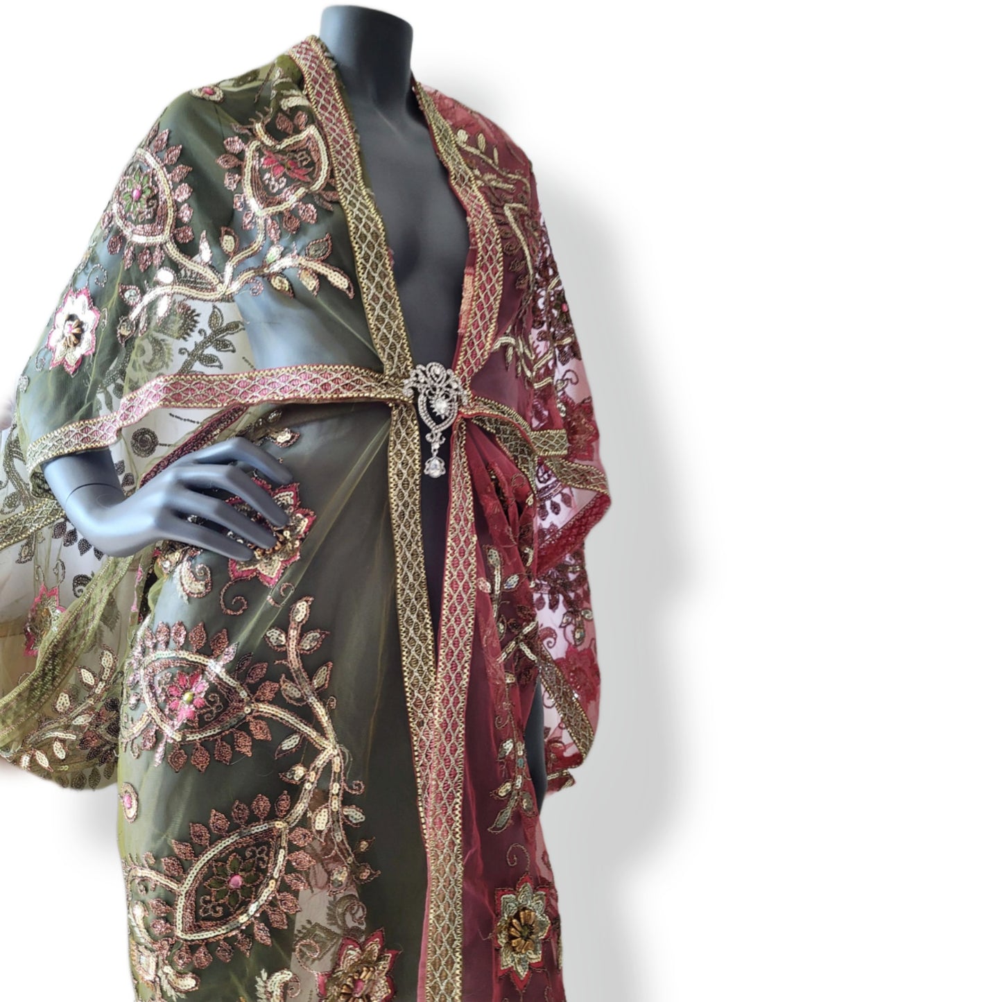Draped short kimono in slightly stiffer net fabric, warm pink & light moss green with beautiful hand embrodery (L)