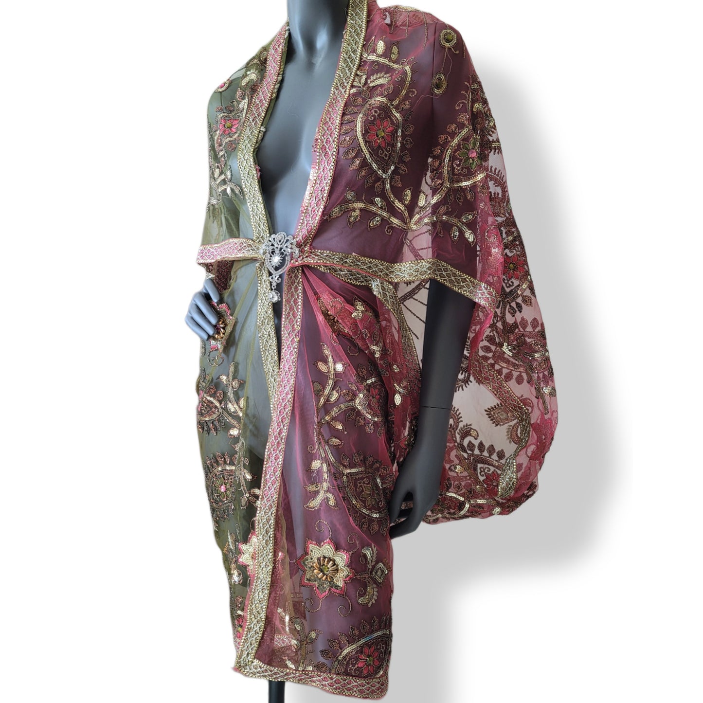 Draped short kimono in slightly stiffer net fabric, warm pink & light moss green with beautiful hand embrodery (L)