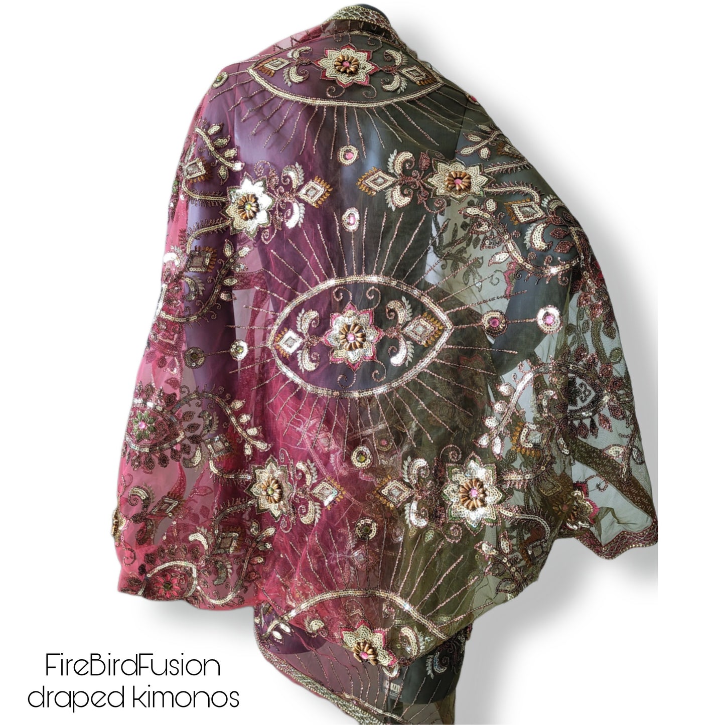 Draped short kimono in slightly stiffer net fabric, warm pink & light moss green with beautiful hand embrodery (L)