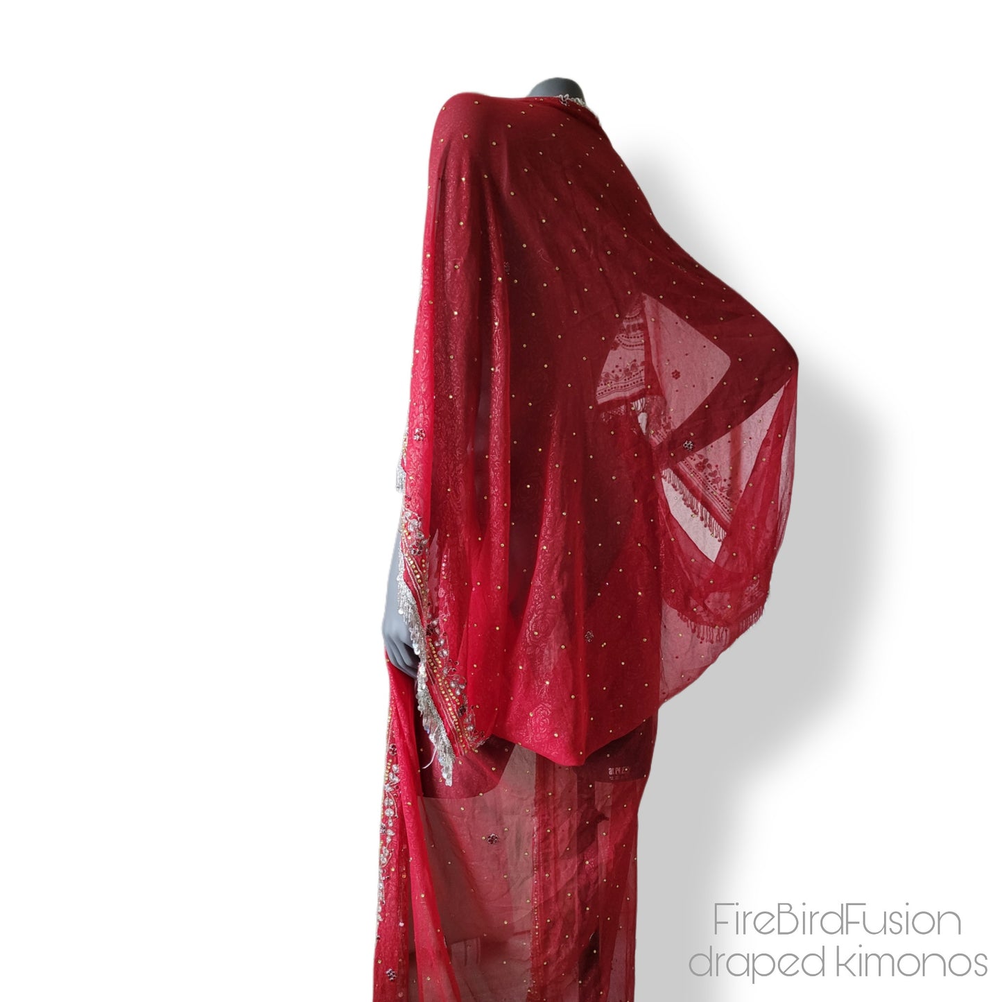 Draped kimono, dark red with elaborated embellishment and irredecent sequin and glass beaded fringe trim (L-XL)