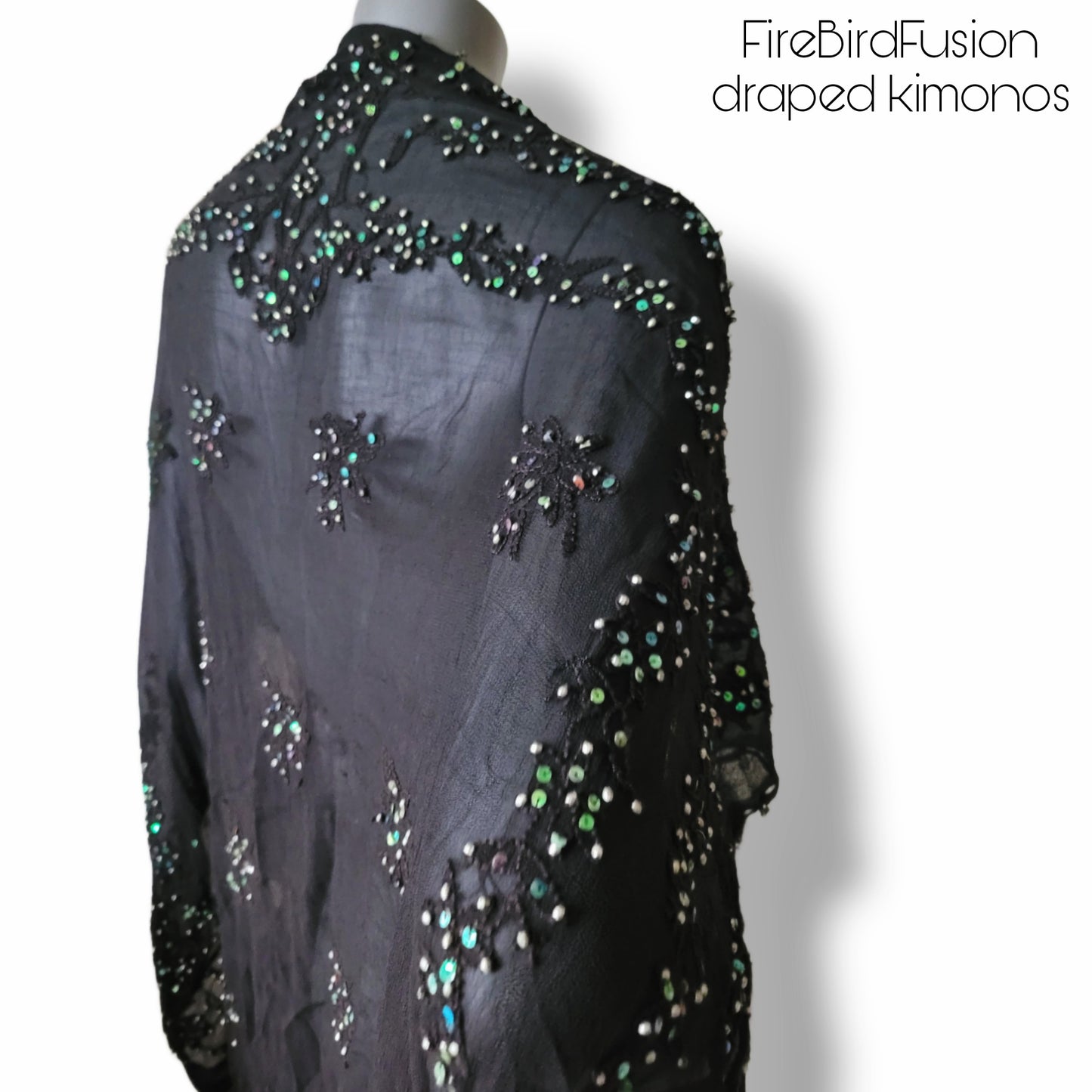 Draped kimono black with subtle irredecent embroidered pattern (M)