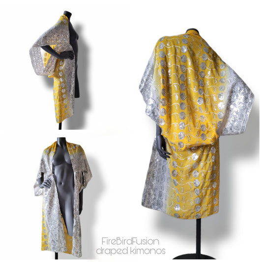 Draped kimono in white and warm yellow and white with silver embroidery (M)