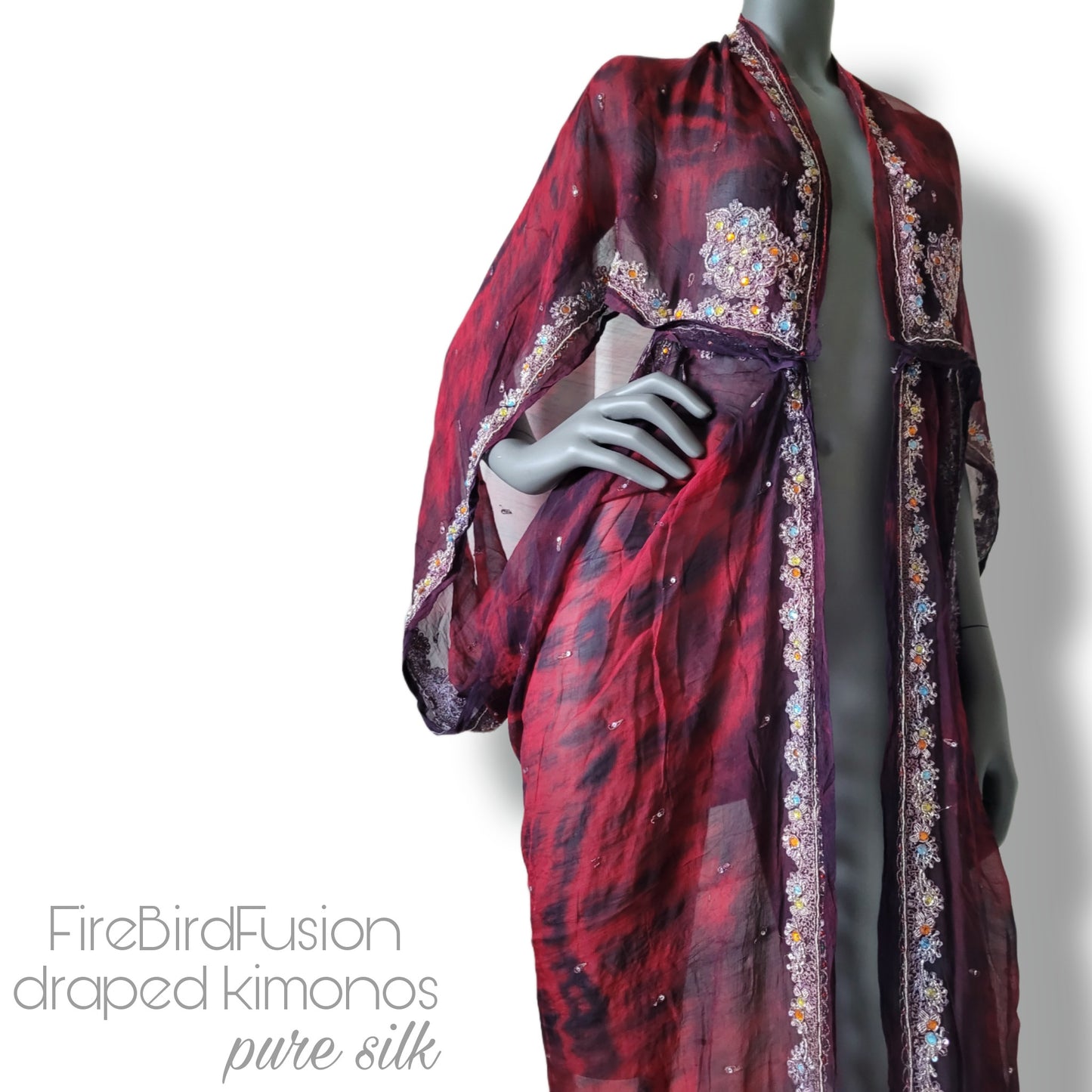 Luxurious draped kimono in pure silk, hand dyed batik in red and black with stunning zardozi embroidery in silver (L)