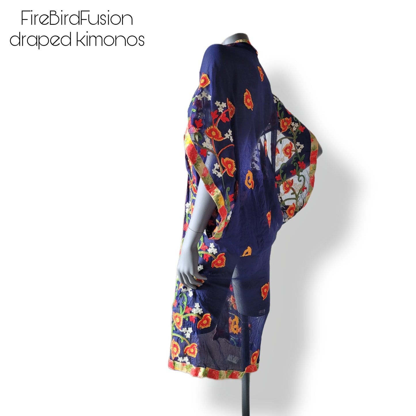Draped short kimono in dark blue with colourful floral embroidery in red, yellow and green (S)