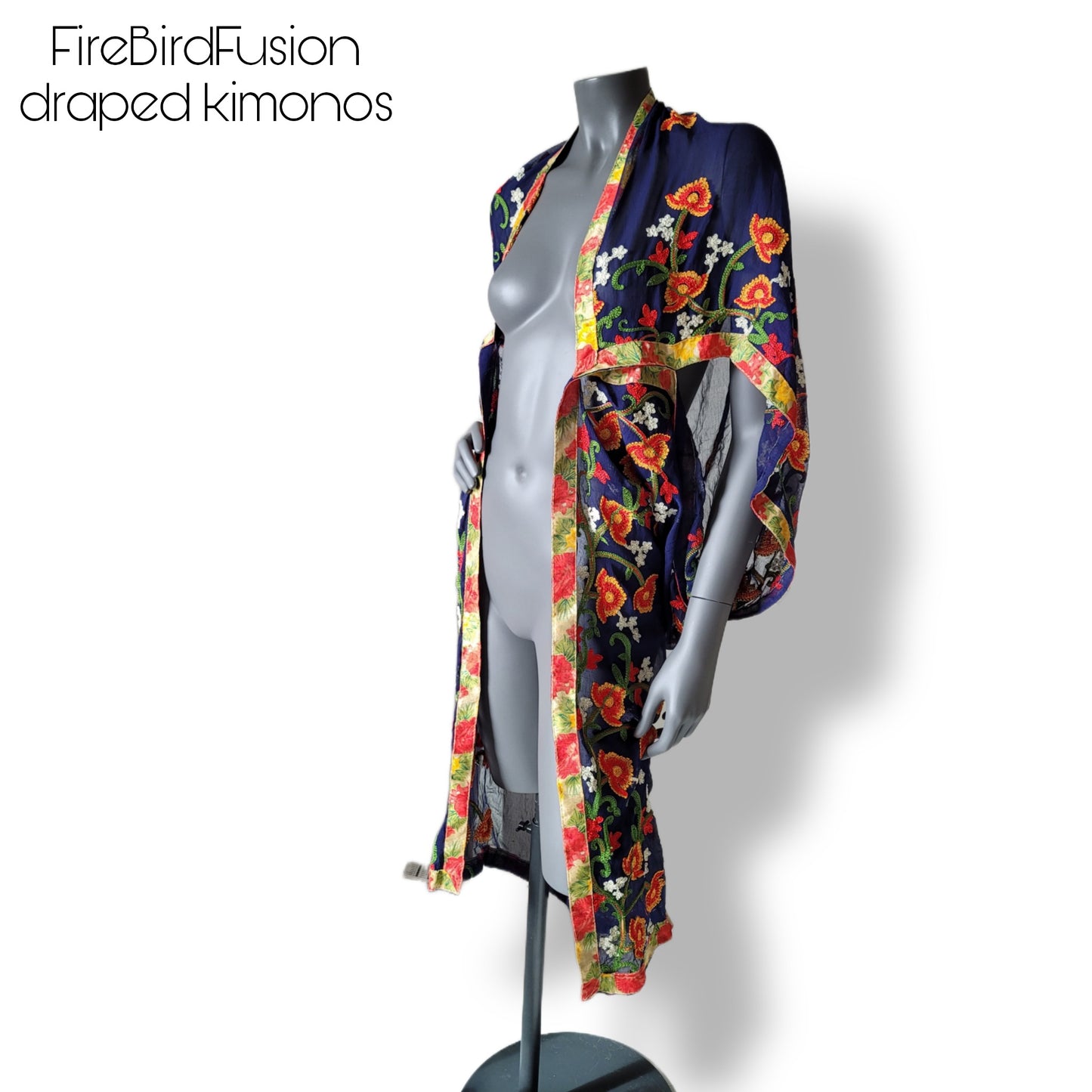 Draped short kimono in dark blue with colourful floral embroidery in red, yellow and green (S)